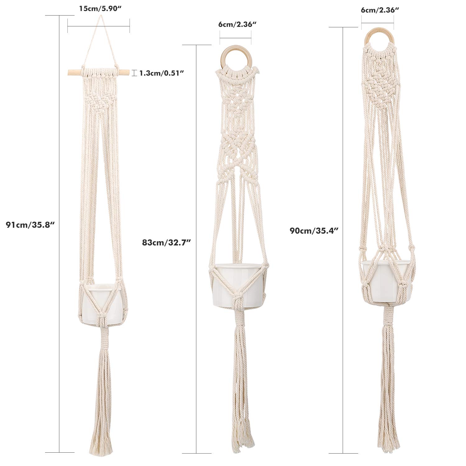 4 Suspensions Macramé Pour Pots De Fleurs - Corde De Coton Naturelle - Crochets Métalliques Inclus - Décoration Intérieure Et Extérieure - Style Bohème - 4