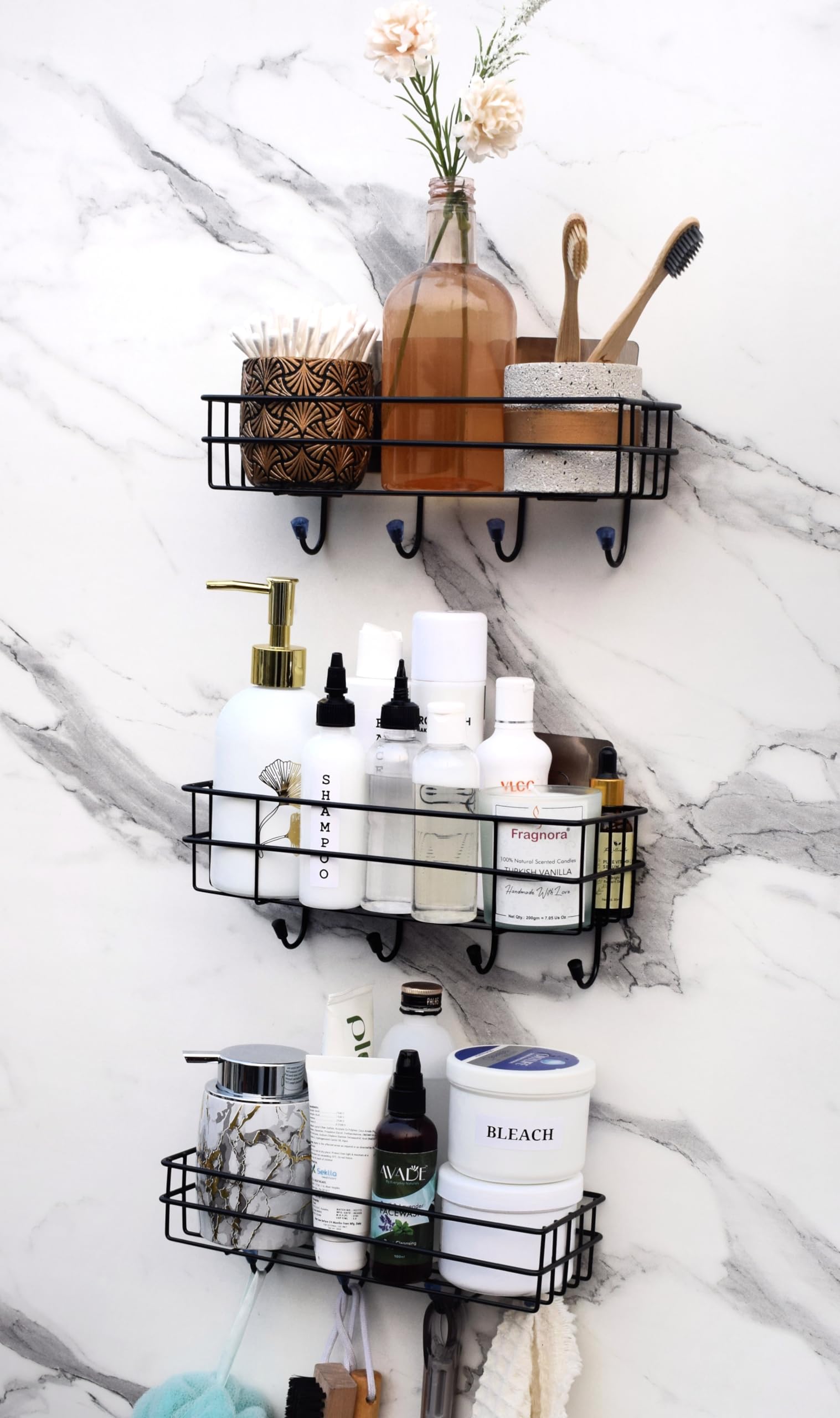 Haristar Steel Self-Adhesive Multipurpose Bathroom Shelf with Hooks/Towel Holder/Rack/Bathroom Accessories-Wall Mount - Pack of 3 (Black,Powder Coated) (B0CSG9WZLS) Amazon Price History, Amazon Price Tracker
