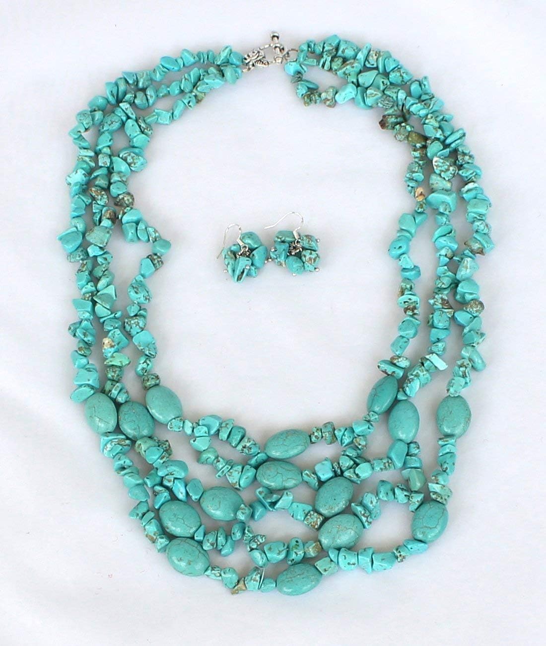 5 Row Irregular Blue Turquoise Stone Beaded Necklace With Earrings Set Wedding Bridal Jewelry Turquoise Necklace Statement Necklace