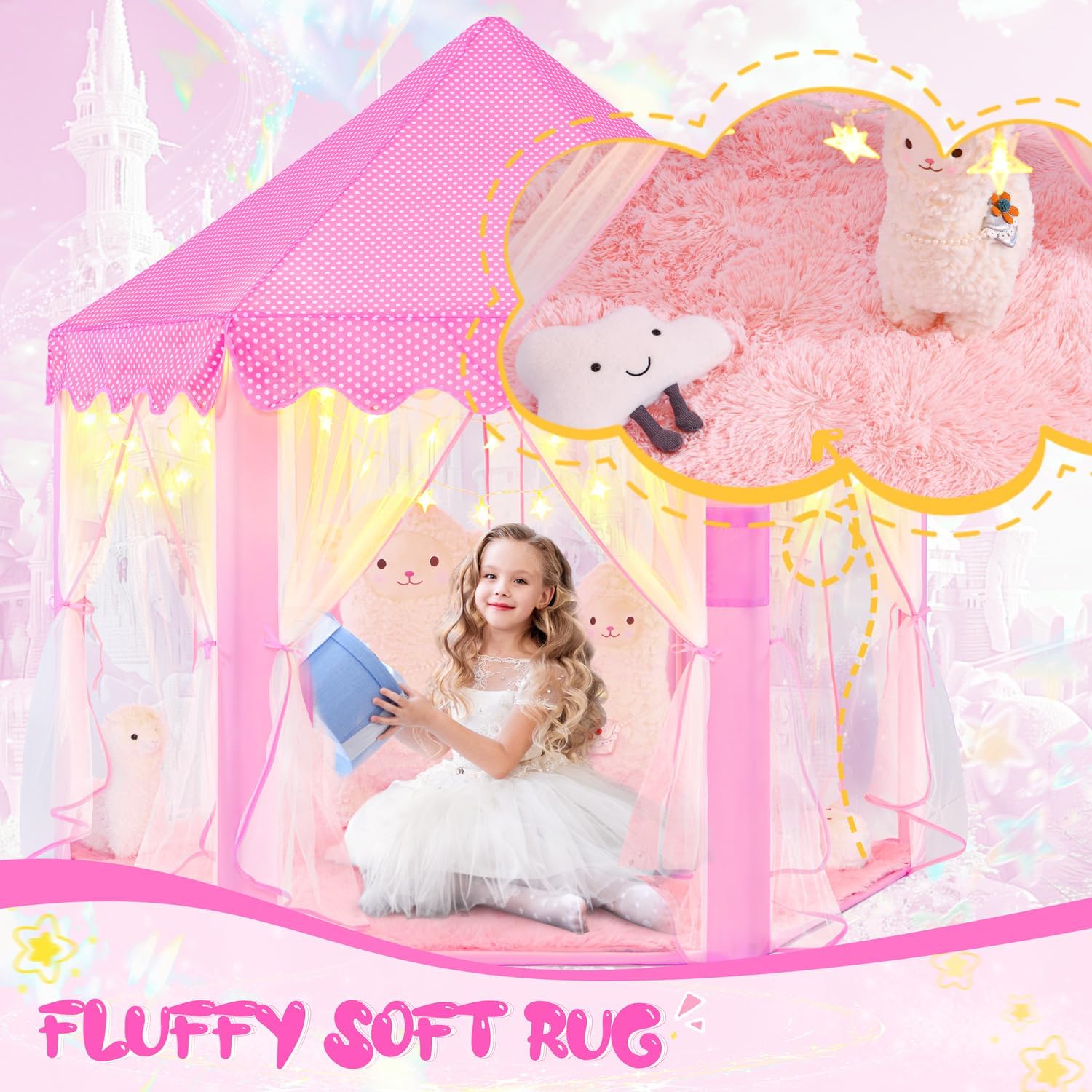 Princess Tent for Girls Age 4-7 with Star Lights, Kids Play Tent for Girls Indoor, Castle Playhouse Tent for Toddlers, Pink Princess Toy Tent 55x53 inch