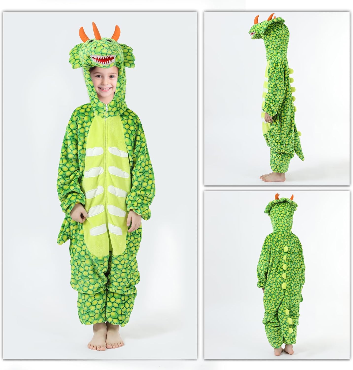 Kids Dinosaur Onesie Costume for Boys and Girls Green Triceratops Costume for Halloween Dress-up Party Cosplay(4-14Y) - Image 2