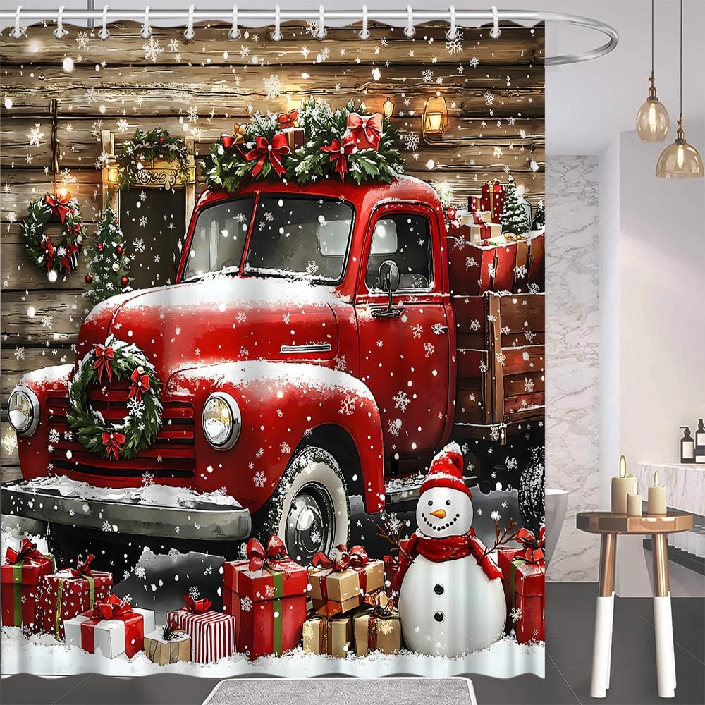 Rustic Farmhouse Christmas Shower Curtain Winter Farm Truck Xmas Tree Snowman Cute Xmas Holiday Bath Decor Polyester Fabric Curtains 106X70 Inch
