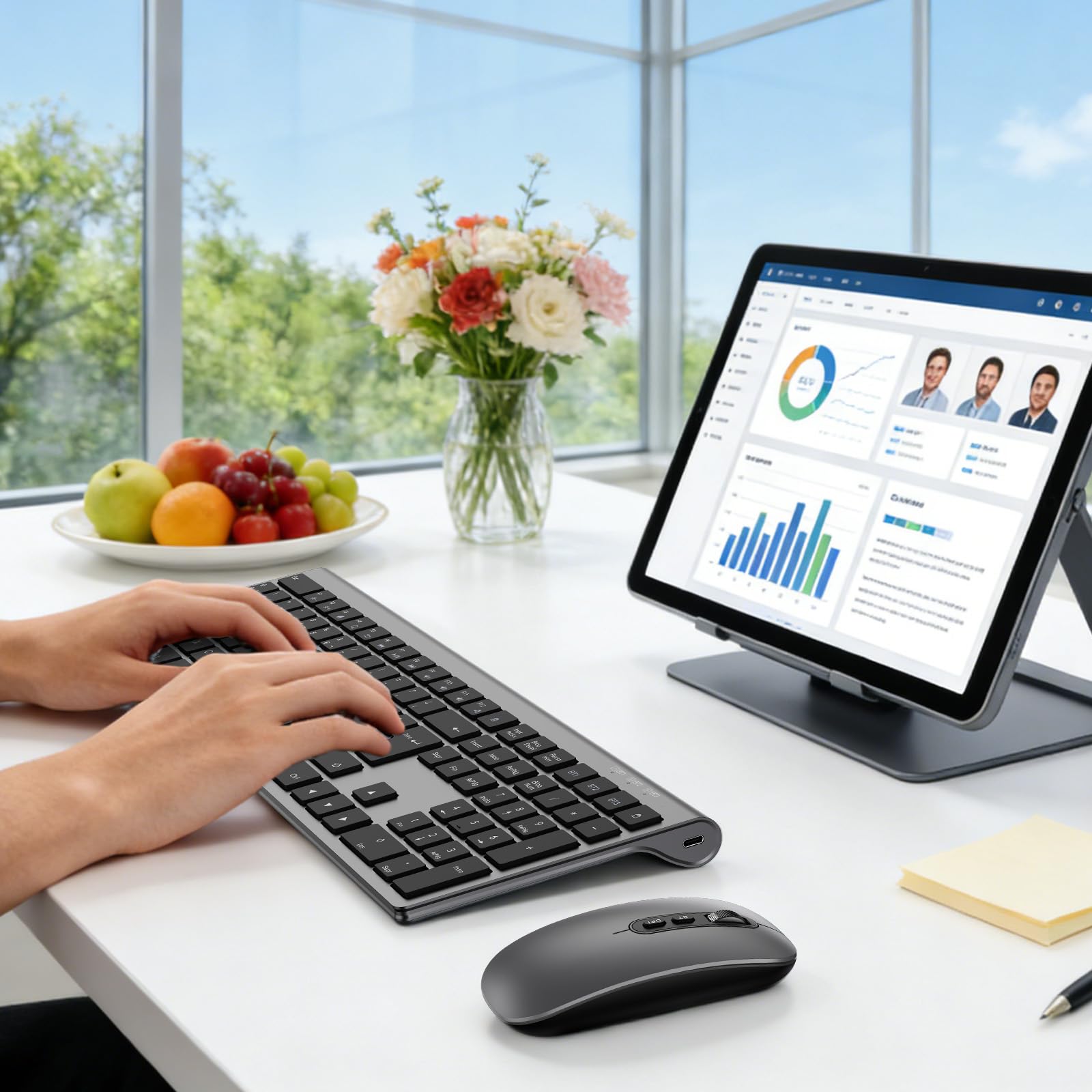 Teclado y Ratón Inalámbrico Bluetooth- cimetech Teclado y ratón Recargable, QWERTY Español Layout, Teclado de diseño ergonómico, Ultrafino para Ordenador/PC/portátil/Windows 10(Gris)