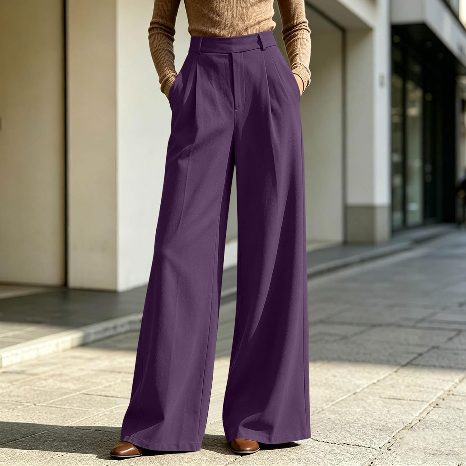 Womens Wide Leg Trousers Elastic High Waisted Business Casual Dress Pants with Pockets Pleated Flowy Work Slacks