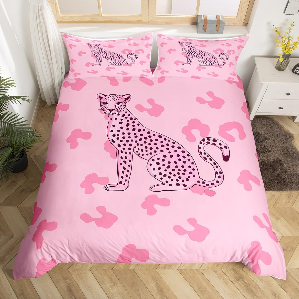 Manfei Pink Leopard Duvet Cover Sets(NO Comforter),Wildlife Skin Printed Comforter Cover for Kids Adults Bedroom Decor,Dreamy Pink Cheetah Bedding,Cartoon Safari Animals Quilt Cover,Toddler Size