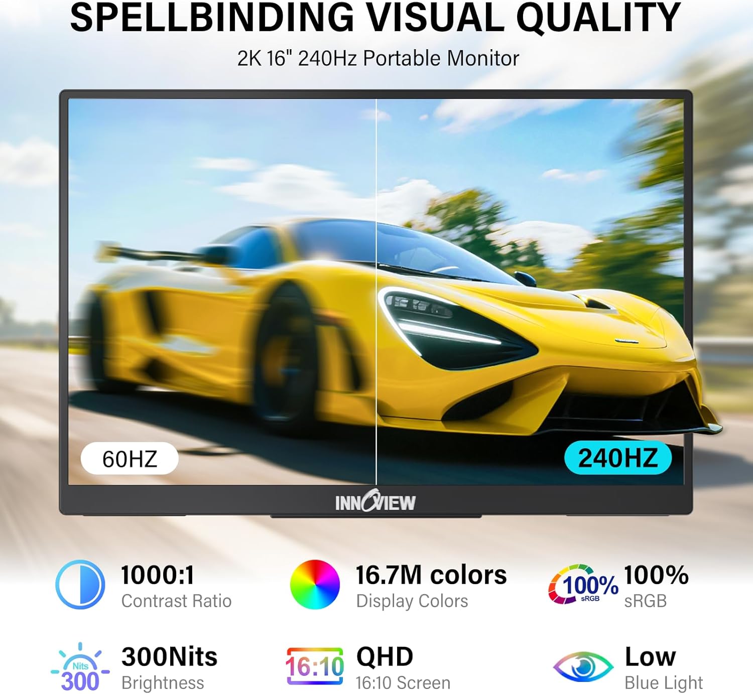 InnoView 16" 240Hz Portable Monitor 2K 2560x1600 100% sRGB Portable Gaming Monitor Laptop Monitors Built-in Speakers 180° Adjustable Type-C HDMI Laptop Screen Extender for Surface Pro PS5 Switch Xbox