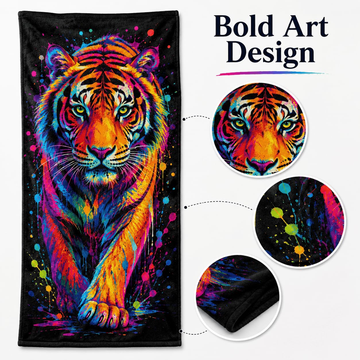 Telo Mare Microfibra Tigre Colorato Asciugatura Rapida | Asciugamano da Spiaggia Tigre Astratta, 145x200 cm, Assorbente, Accessori Mare, per Palestra Viaggio