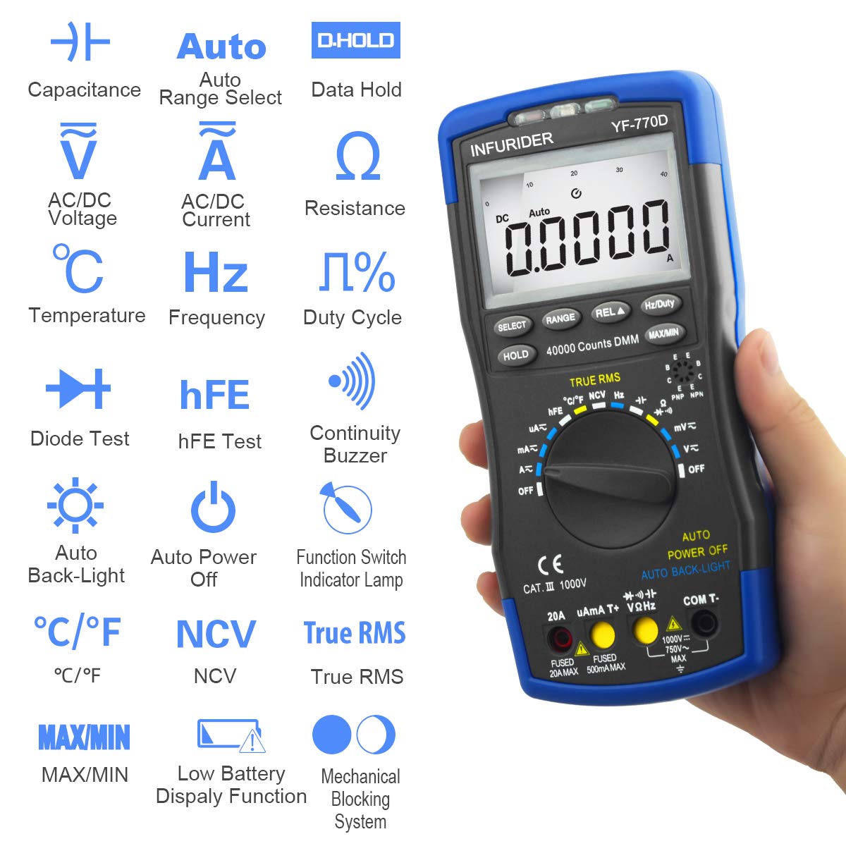 Multimetro Digitale YF-770D Pinza Amperometrica hFE Test di Tensione CC/CA, Corrente CC/CA, Resistenza, Capacità, Temperatura con Retroilluminazione Automatica e Display a 40000 Conteggi