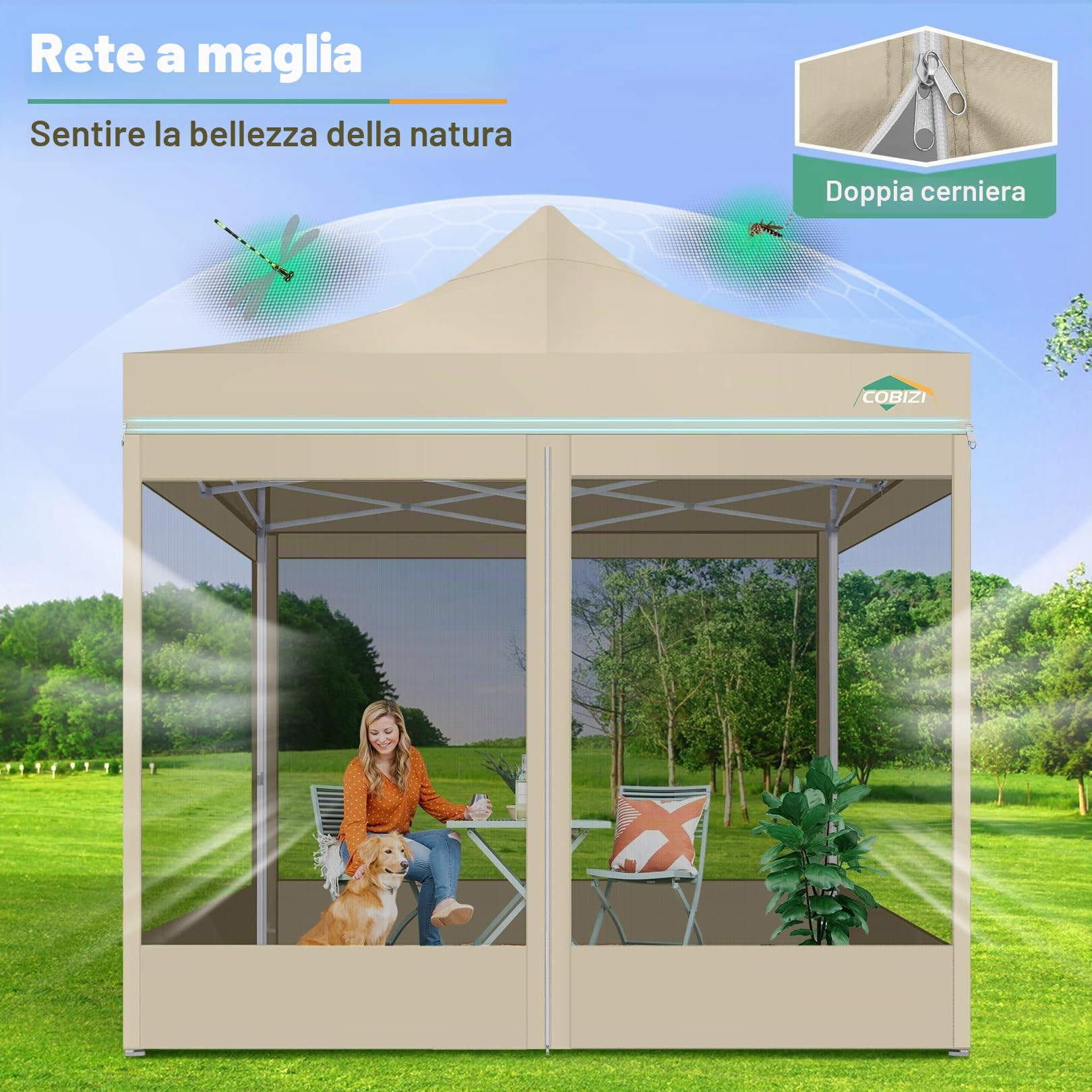 COBIZI Gazebo 3x3 Pieghevole Impermeabile, Esterno Resistente con Zanzariera Parete Laterale,Tende per Gazebo,Tendone Padiglione Pop Up per Feste Campeggio con Borsa(3 per 3m Cachi)