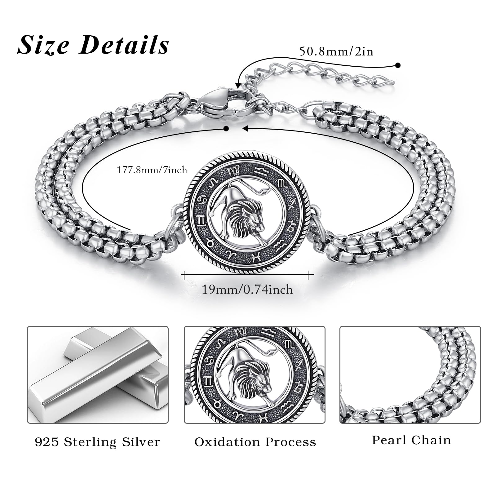Bracciale con i 12 segni zodiacali per uomini e donne, in argento sterling 925, gioielli di astrologia e oroscopo per regali di compleanno e Natale, con catena in acciaio inossidabile, Große