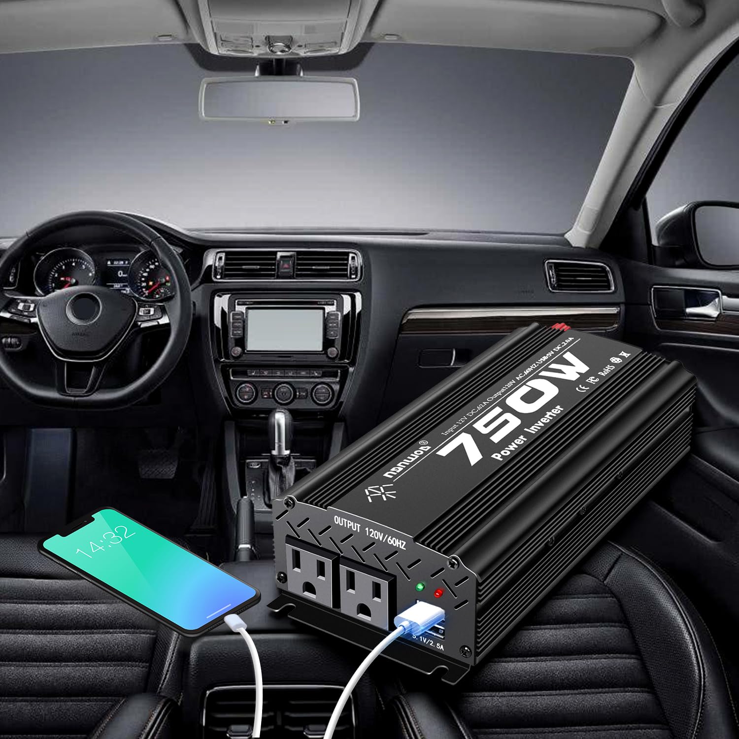 750 W DC 12 V do 110 V AC adapter samochodowy z ładowarką USB 2 A i 2 wyjściami prądu przemiennego