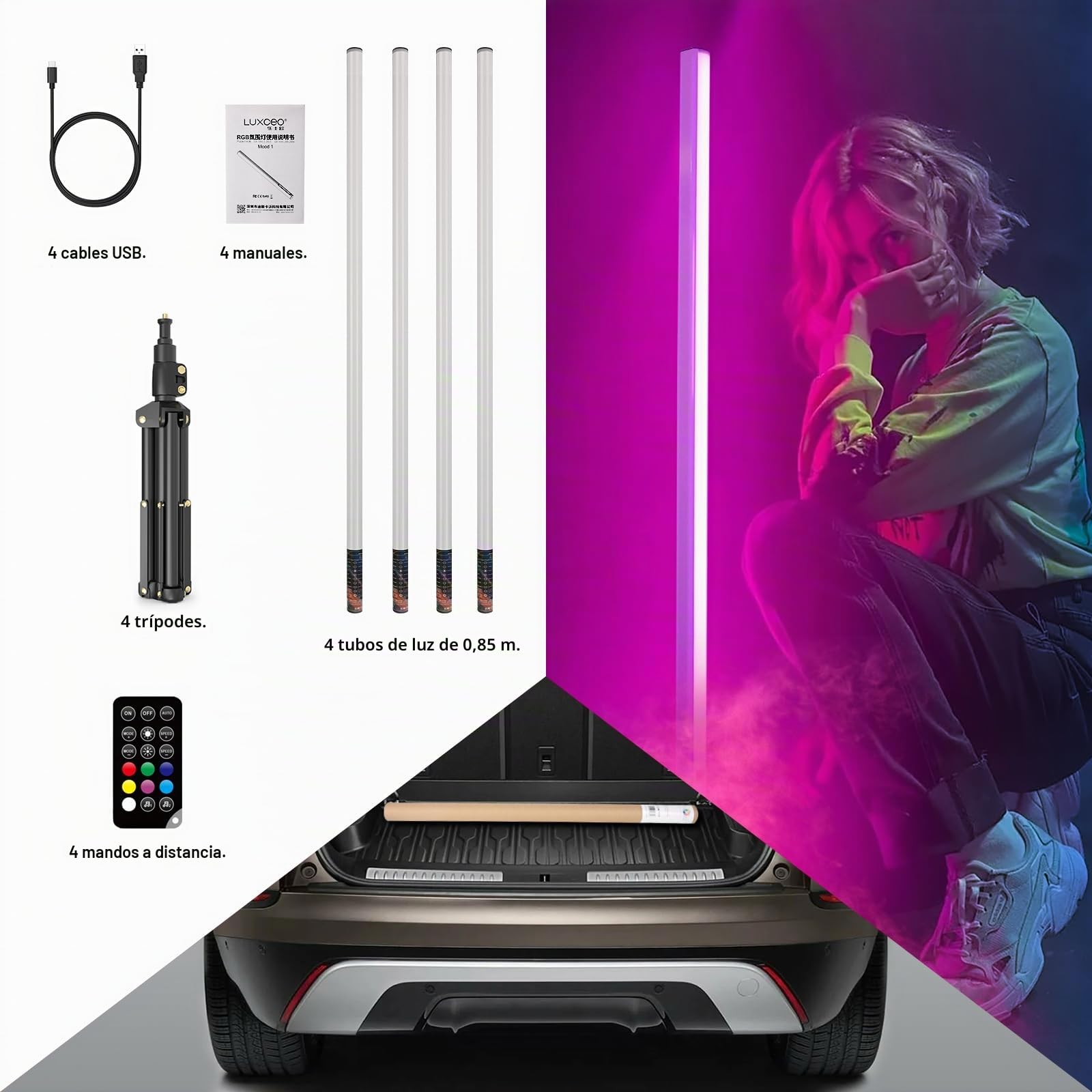 LUXCEO 4 unidades LED Video Lichtstab con trípode, LED Handheld Fotografie Lichtdimmbar y memoria, batería integrada, RGB-Fotolampe para YouTube, TikTok, Streaming, Partybar