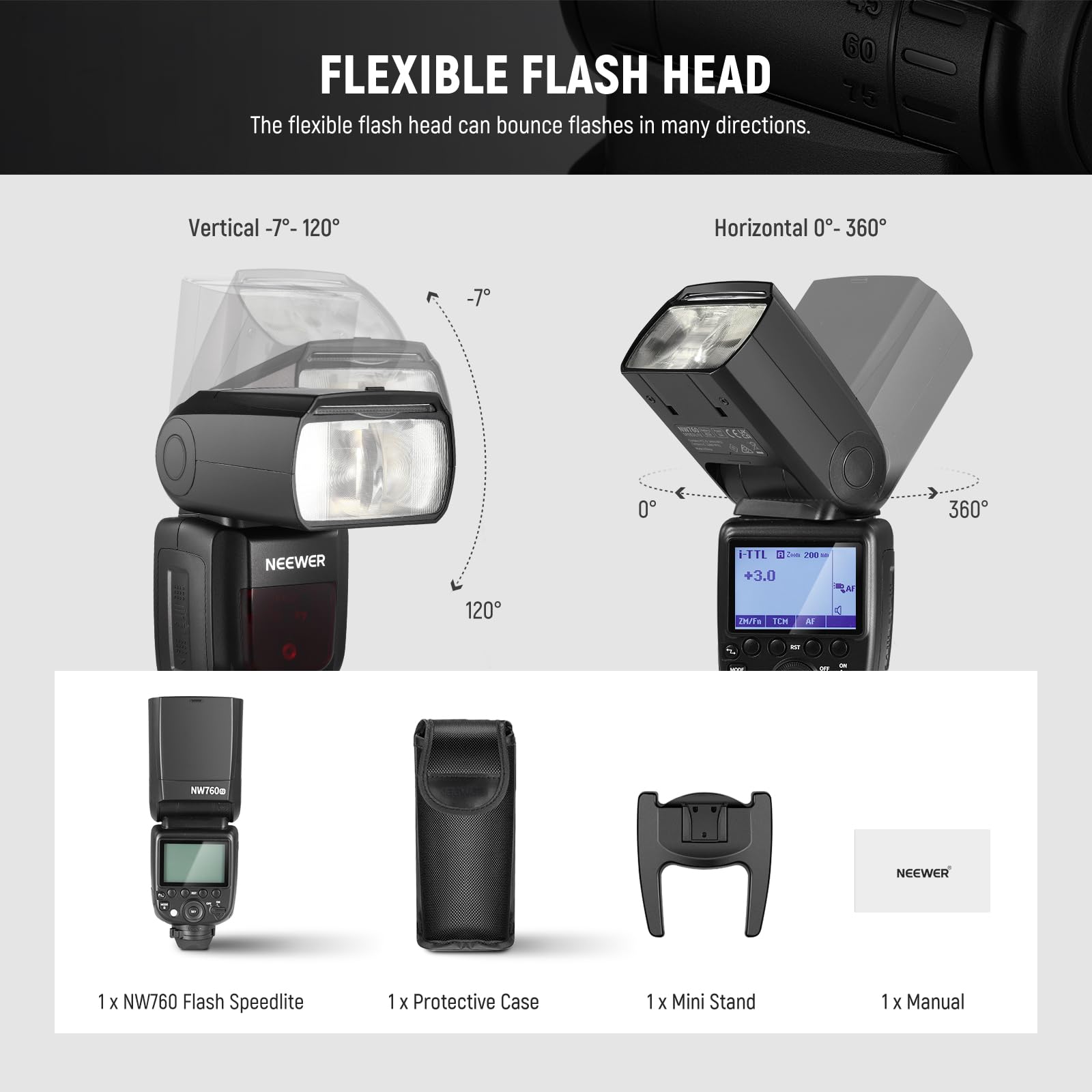 NEEWER NW760-N TTL Flash Speedlite kompatybilny z aparatami Nikon DSLR, 76Ws GN60 2.4G 1/8000s HSS Speedlight, konwersja TCM, 230 błysków pełnej mocy, latarka do szybkiego recyklingu 0,1-2,7 s