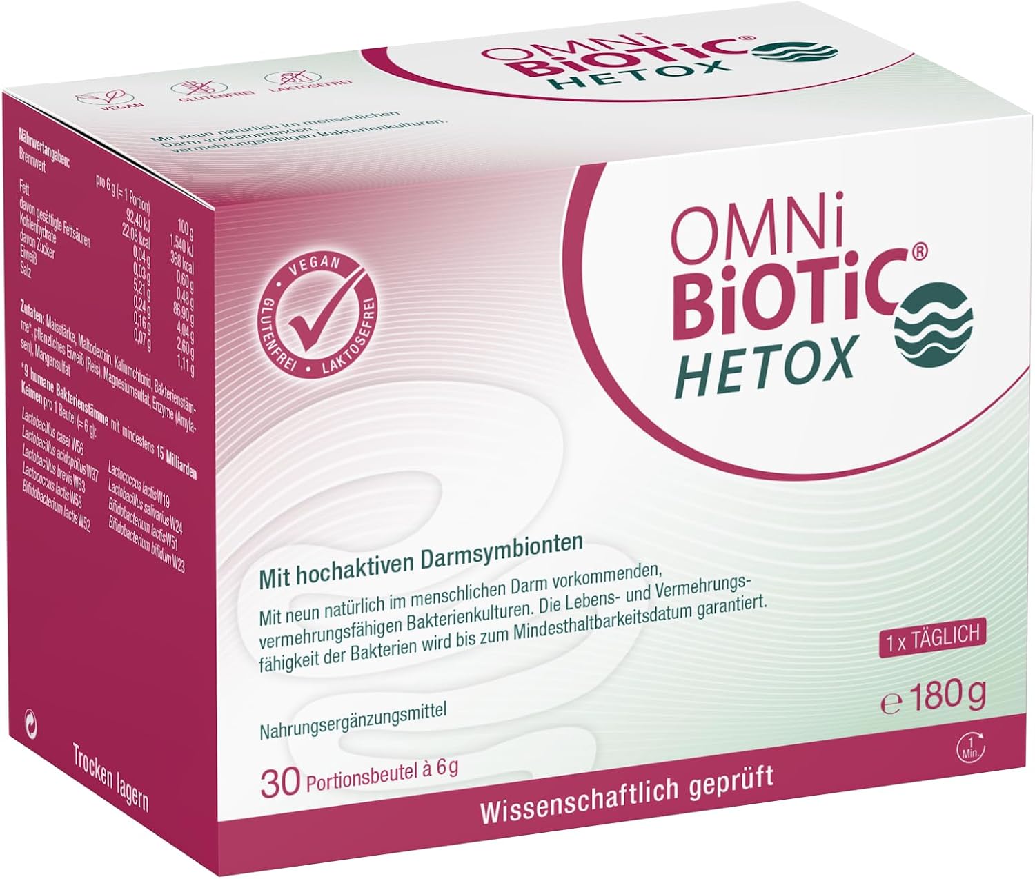 omni biotic hetox 30 servings 180 g 9 bacterial strains 15 billion germs per daily dose powder vegan gluten free lactose free daily use