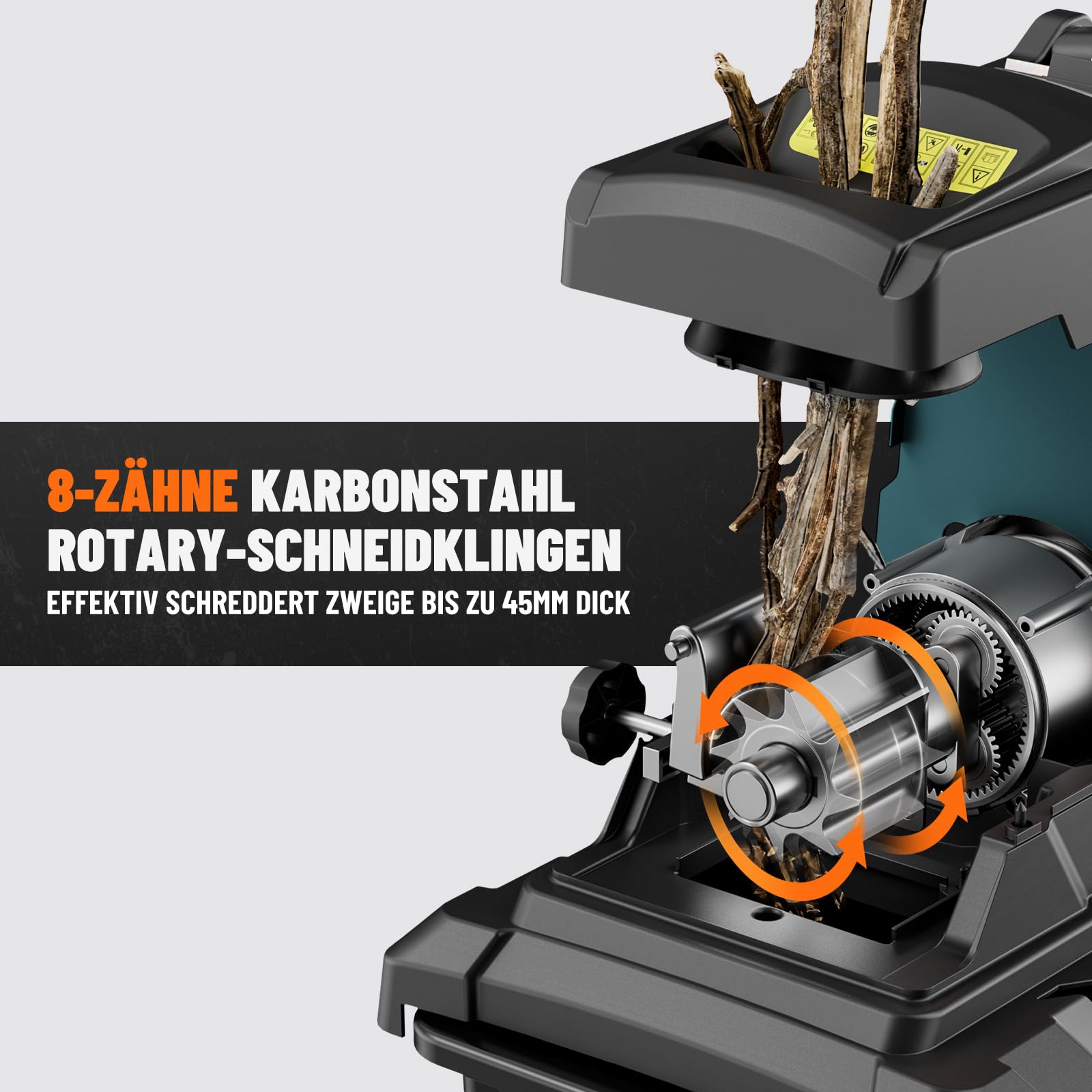 DOVAMAN GT10 Trituradora Silenciosa, Biotrituradora con Rodillo de 8 Dientes, Tritura hasta 45mm, 2800W Motor Sin Escobillas, 88dB, 55L Caja, 18:1 Relación, Triturado sin Esfuerzo de Residuo de Jardín
