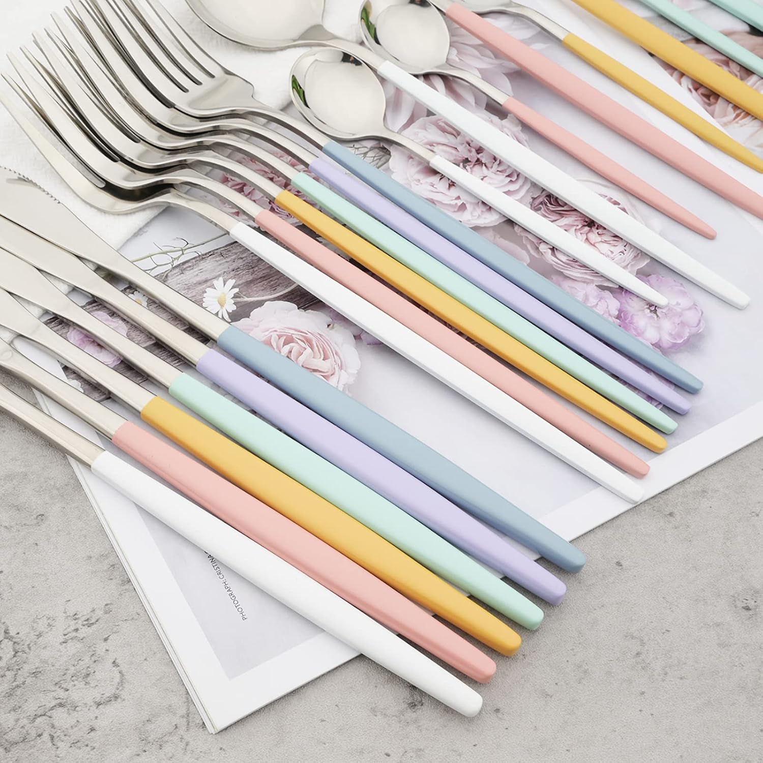 24 Pcs White Silver Tableware Colored Handle, Mirror Shiny Stainless Steel Eating Utensils Include Knife Fork Spoon Teaspoon, Comfortable Cozy Sweet Color Dinner Flatware Gift
