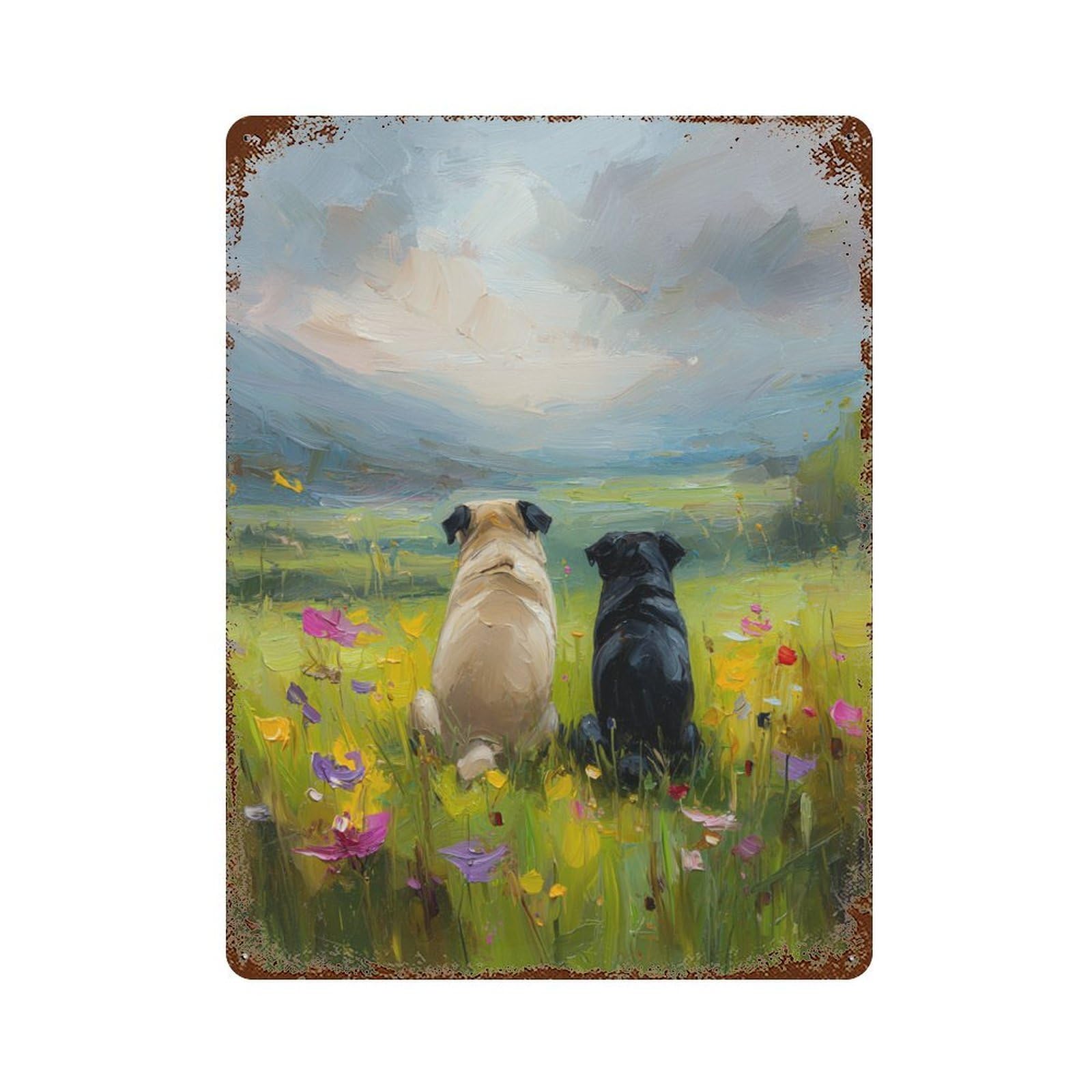 Pug Dogs in Flower Field Vintage Rust Metal Sign 15.7"x11.8", Shabby Chic Decor for Living Room, Hallway And Home Decor