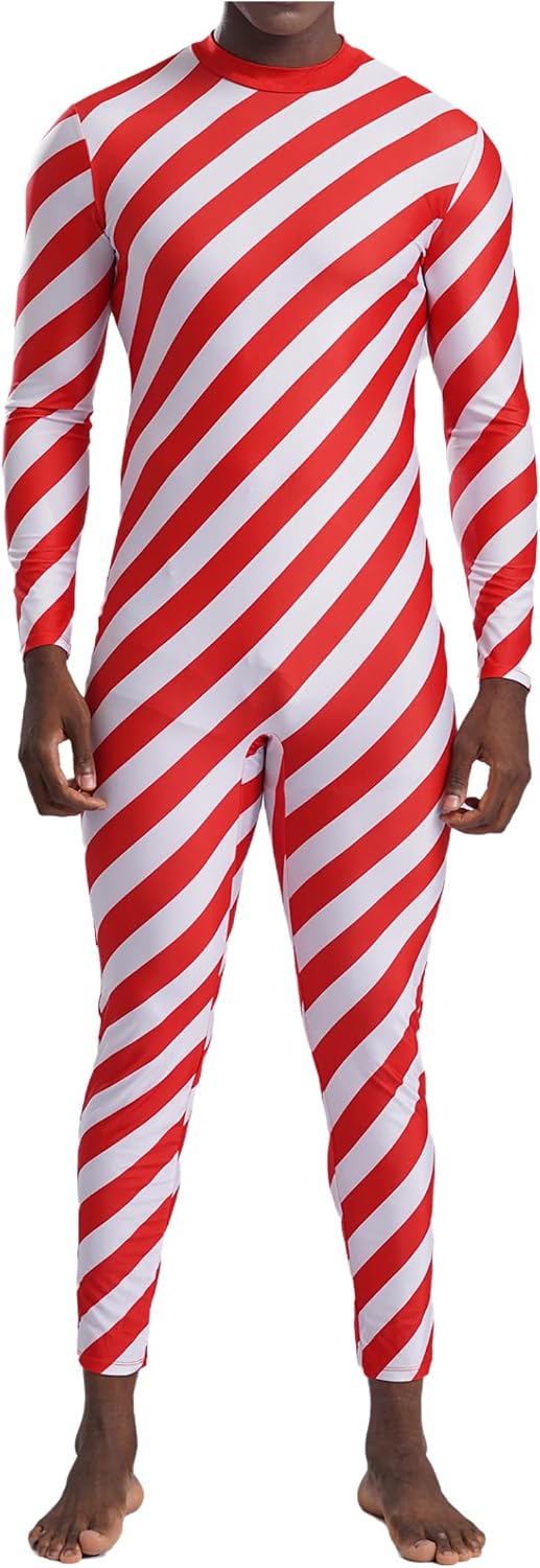 Men's Christmas Cosplay Candy Cane Outfit Red and White Striped Long Sleeve Jumpsuit
