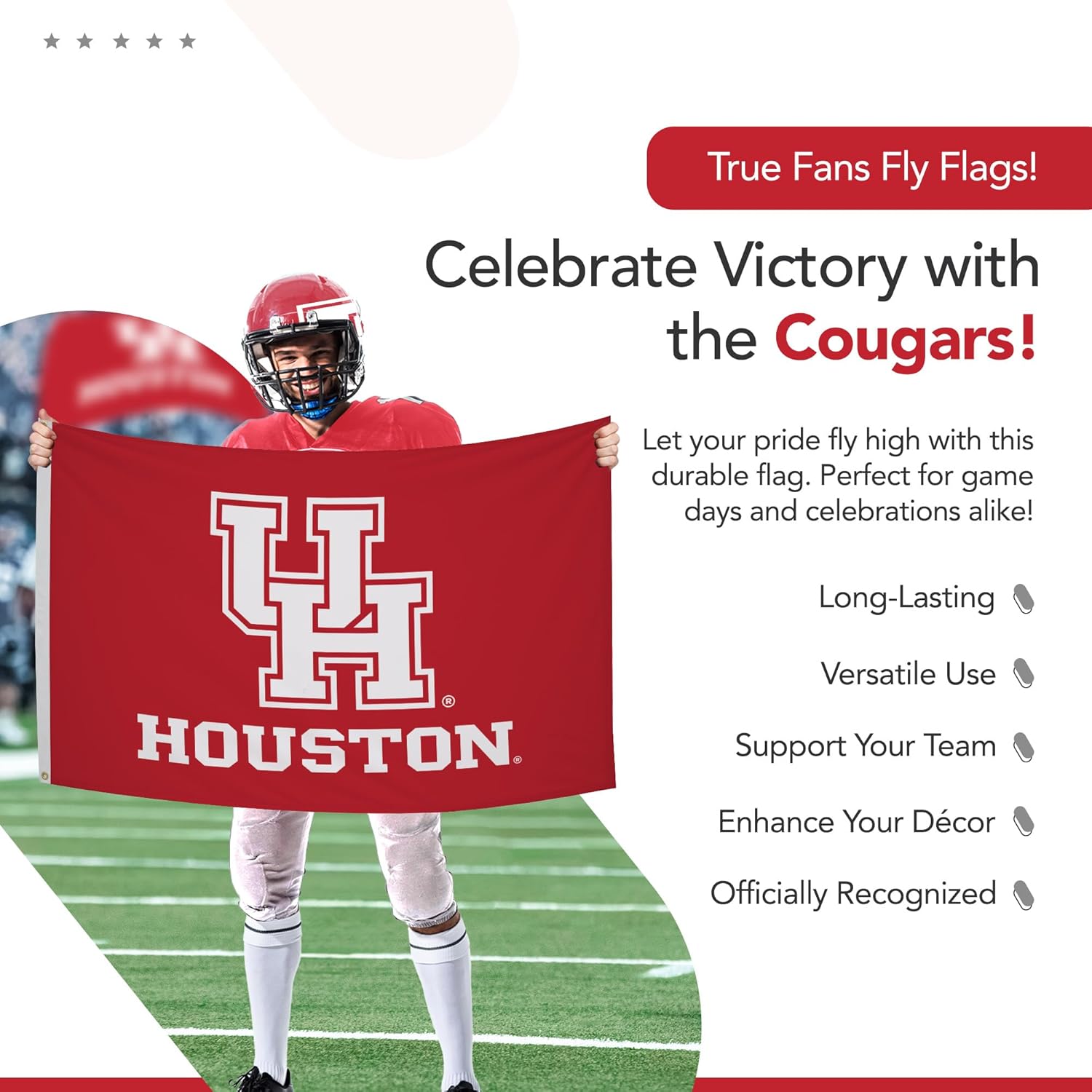 Houston Cougars College Sports Printed Flag - NCAA Licensed - Nylon - School Banner (White, Red) (3' x 5')