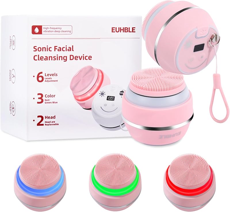 Escova elétrica de limpeza facial de silicone EUHBLE com 6 modos e 3 efeitos de luz