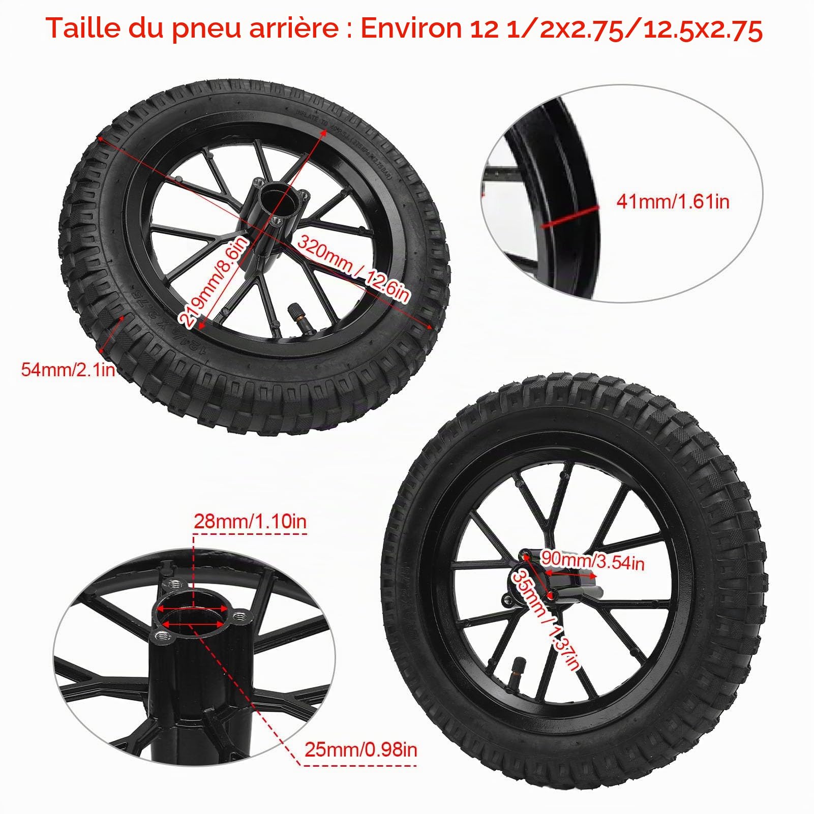 Jante de Roue Arrière 12,5 X 2,75, Adhérence Améliorée, Traction Supérieure, 2 Temps, 47 cm³, 49 cm³, Pocket Bike