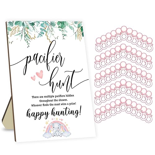 Juegos de fiesta de baby shower, juegos de caza de chupetes para baby shower, incluye letrero de caza de chupete con animales del bosque y 50