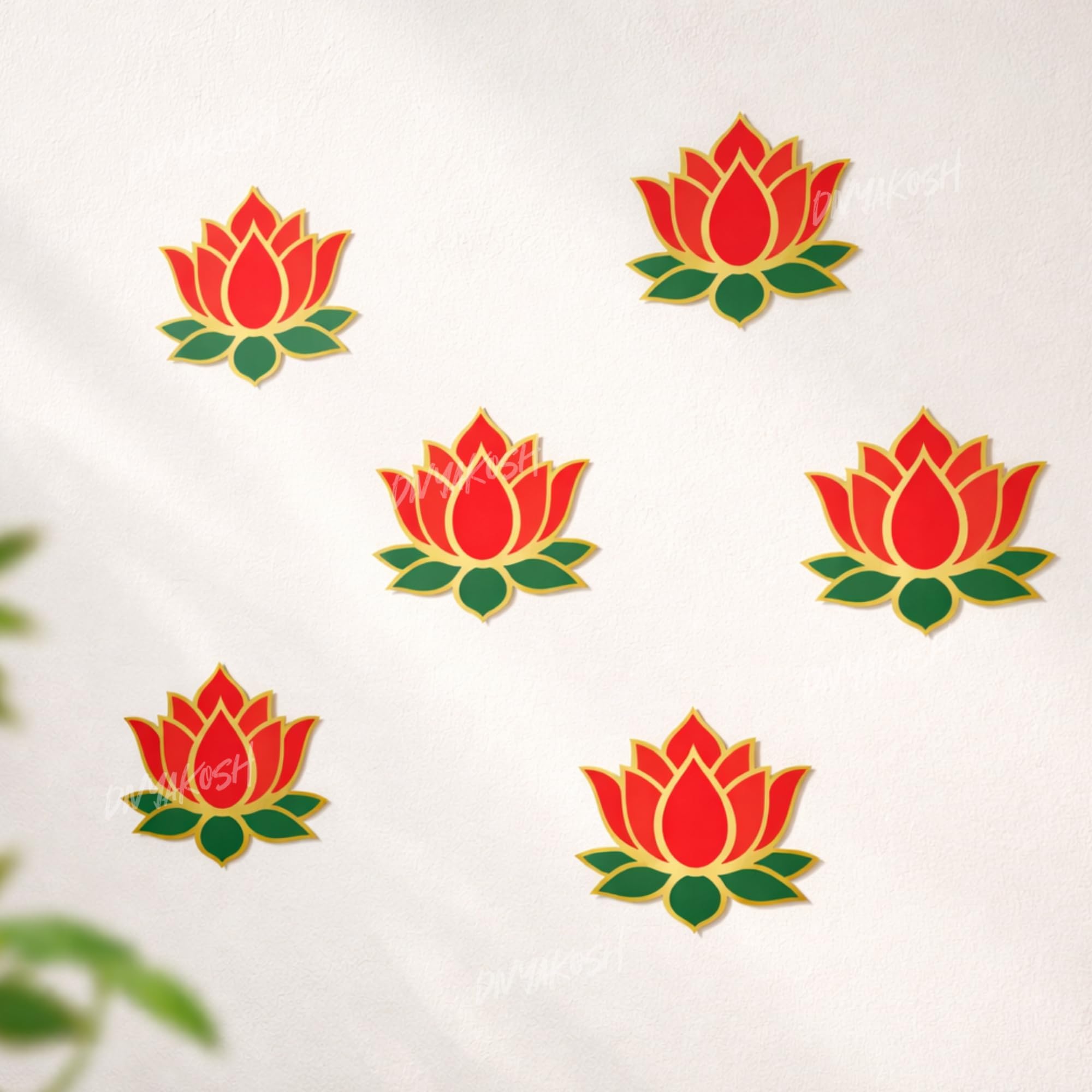 Divyakosh Red Lotus Wall Stickers for Wall Decor (12 Pieces, 3x3.5 Inch) | Temple Decor, Puja Backdrop Decoration, Mandap| Peel & Stick Lotus Stickers for Home & Festive
