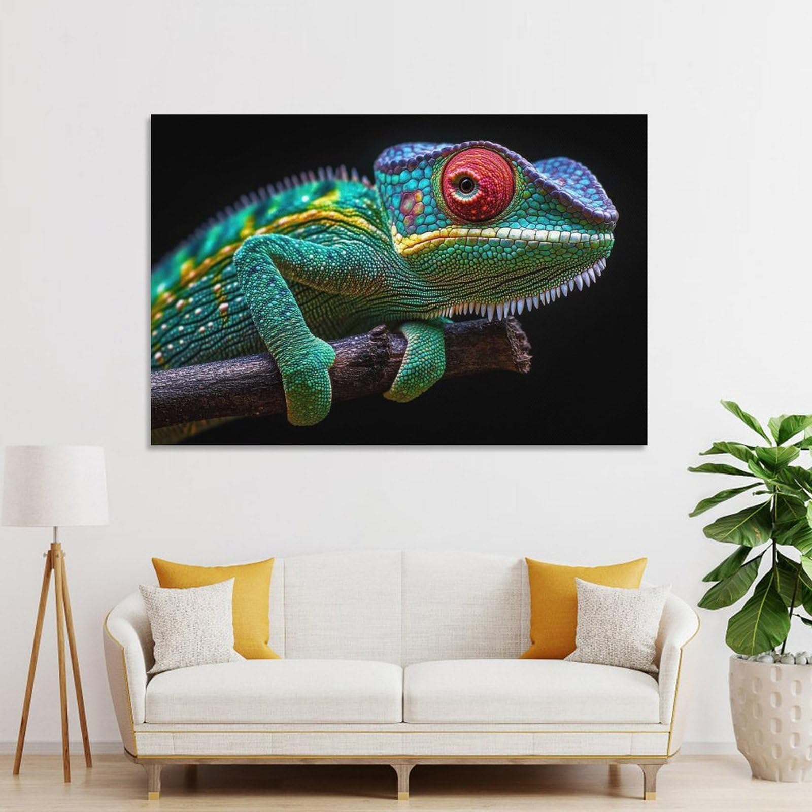 Junmoney Wall Art Print Colorful Chameleon on Branch, 20x30inch(50x75cm), for Bedroom Decor, Cosy Corners Or Studios, Decorative Wall Art for Cosy Rooms