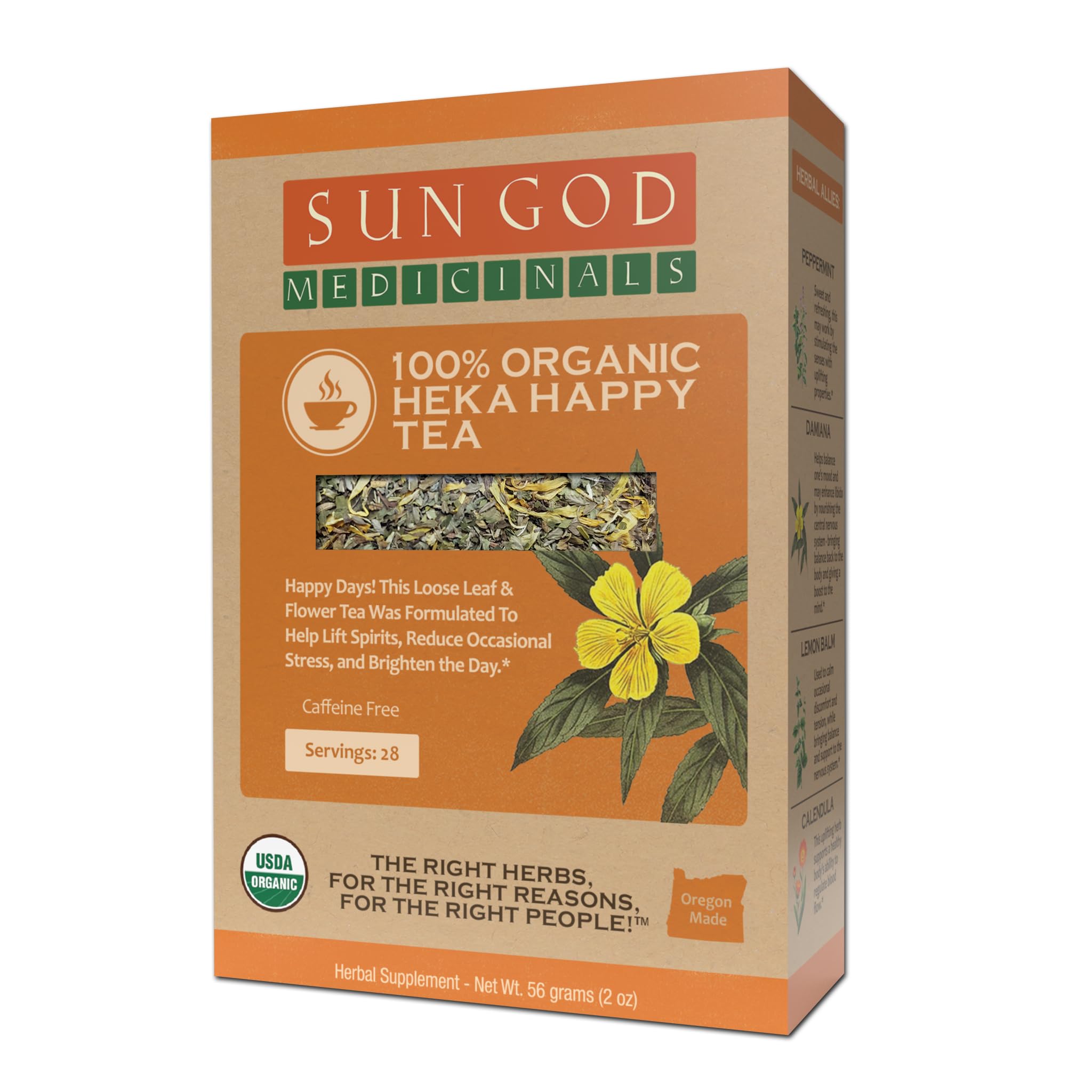 Sun God Medicinals Organic Loose Leaf Herbal Tea for Emotional Well Being - Heka Happy Tea-2 oz (20-24 servings) Caffeine Free, Brew Hot or Iced