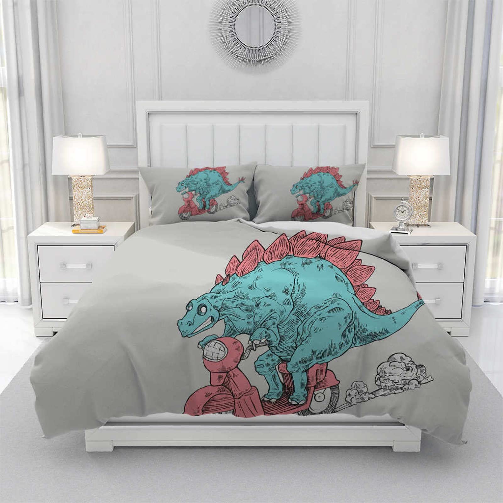 Funda Nordica Cama 150 NiñO Dinosaurio Blanco Juego De Ropa De Cama 220x240 Cm Con Funda De Edredón De Microfibra Hipoalergénica Y 2 Funda De Almohada