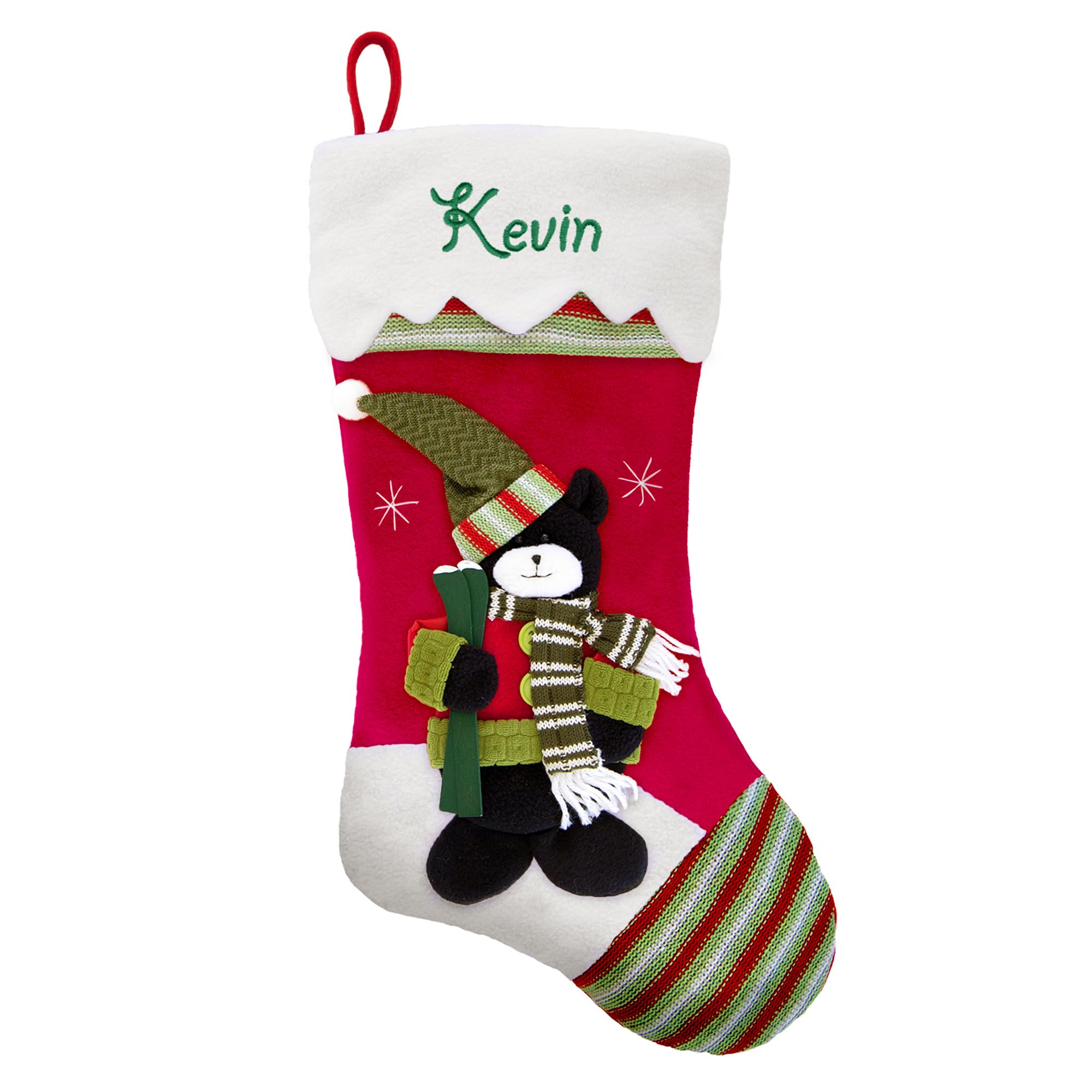 Let's Make Memories Personalized Christmas Stocking - SnowCap Winter Wonderland - 3D Plush Character - Embroidered Name - Christmas Decor - Holiday Decor - Customized Stockings For Family - Black Bear