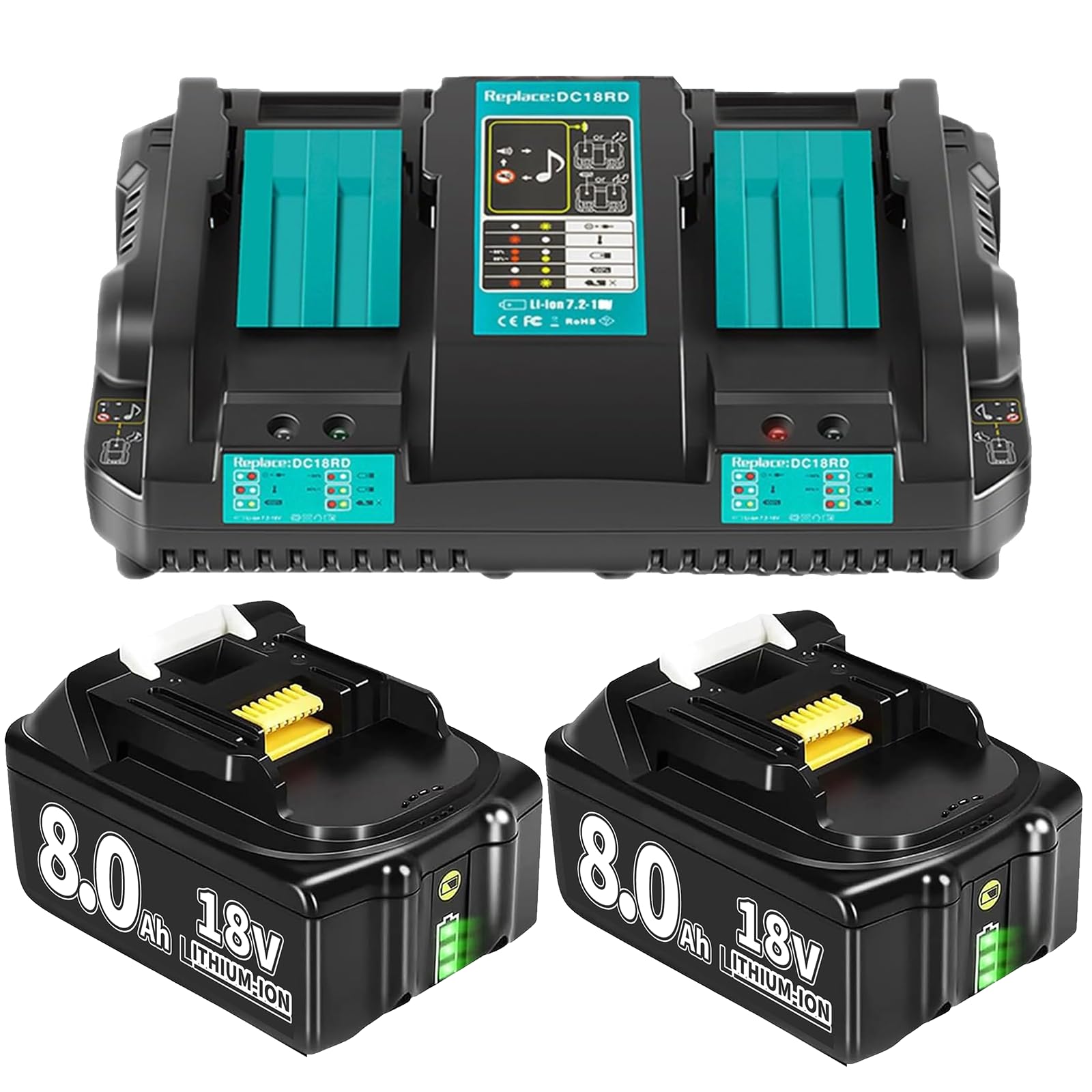 2x 8,0Ah Ersatzakku + 6A Ladegerät Für BL1860B 18V – Kompatibel Mit Vielen Elektrowerkzeugen