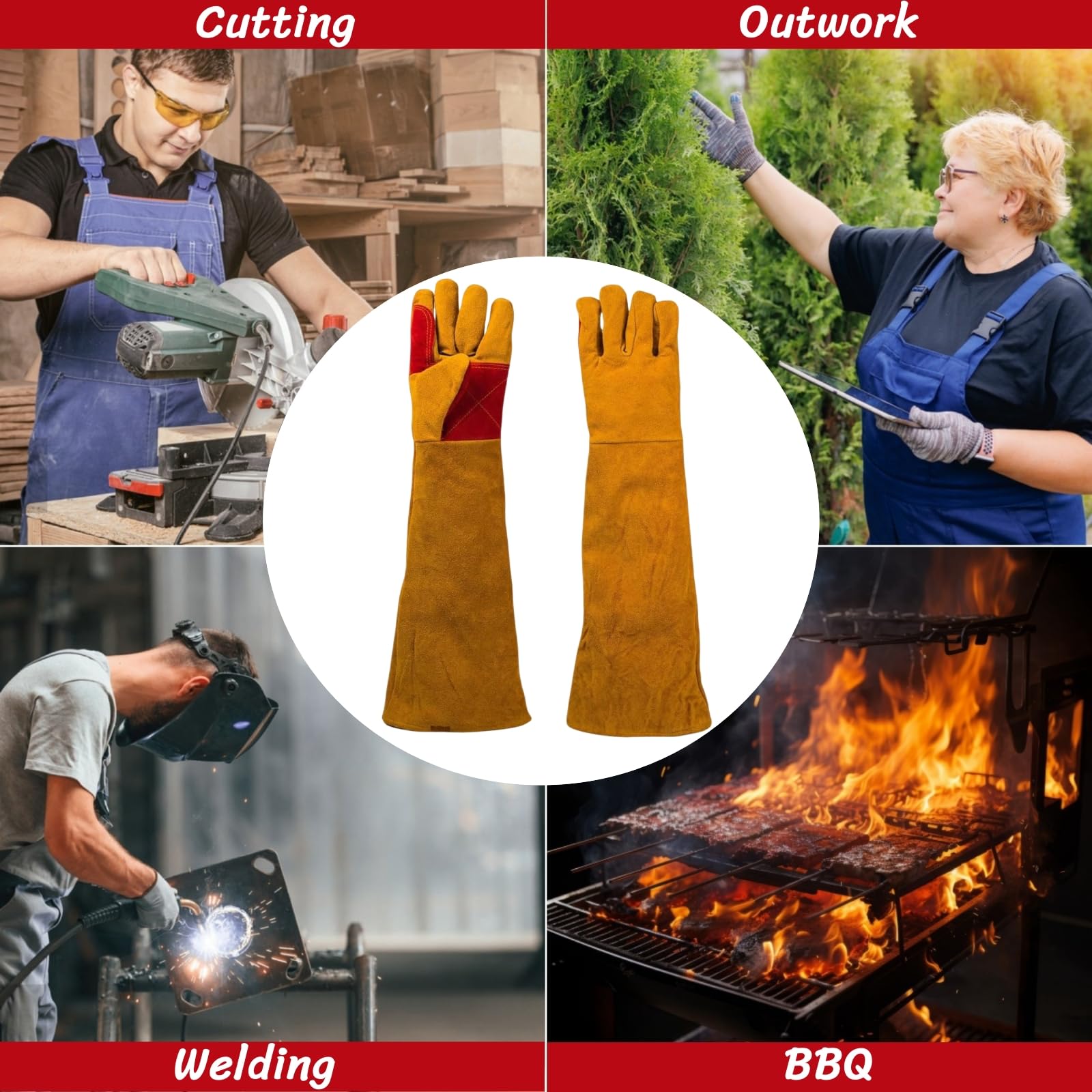 BLIRITEL Guantes de soldadura de manga larga de 23.6 pulgadas para hombre, resistentes al calor y al fuego, guantes de soldador de cuero para Mig, Tig, Stick, Forge, barbacoa, parrilla, chimenea