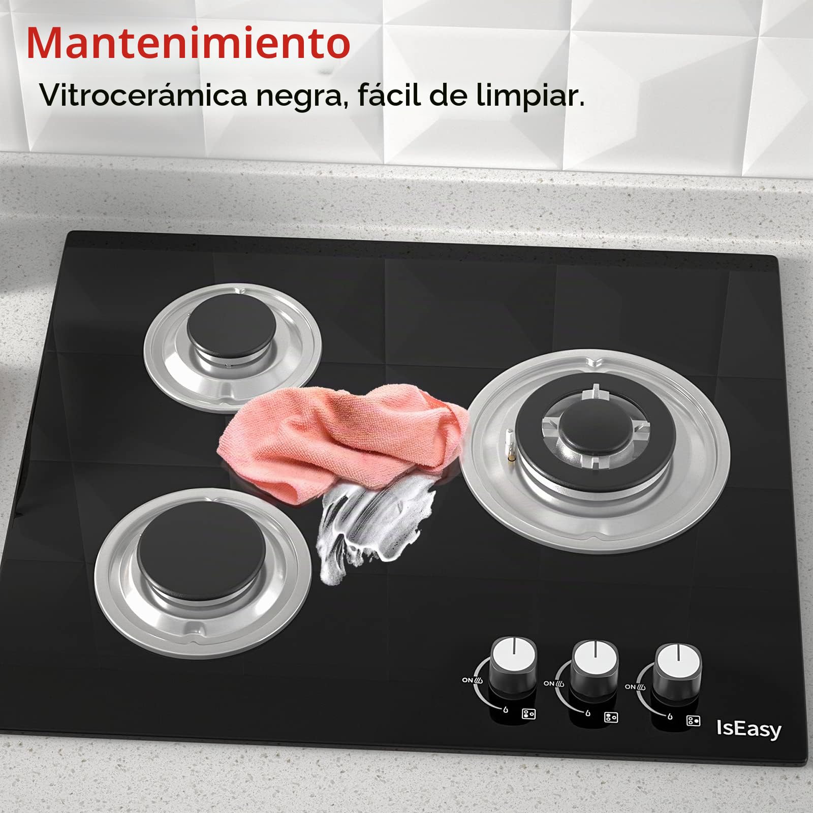 IsEasy Placa de Gas 3 Fuegos Negro, Encimera de Gas Butano/Natural/Propano,7750W, 60 cm