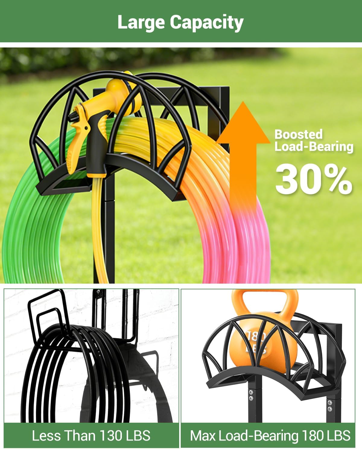 HZE Garden Hose Holder, Freestanding Water Hose Holder Stand for Outside, Heavy Duty Detachable Metal Garden Tube Storage Hanger Rack Holds 160 FT for Yard Lawn Farm, Black