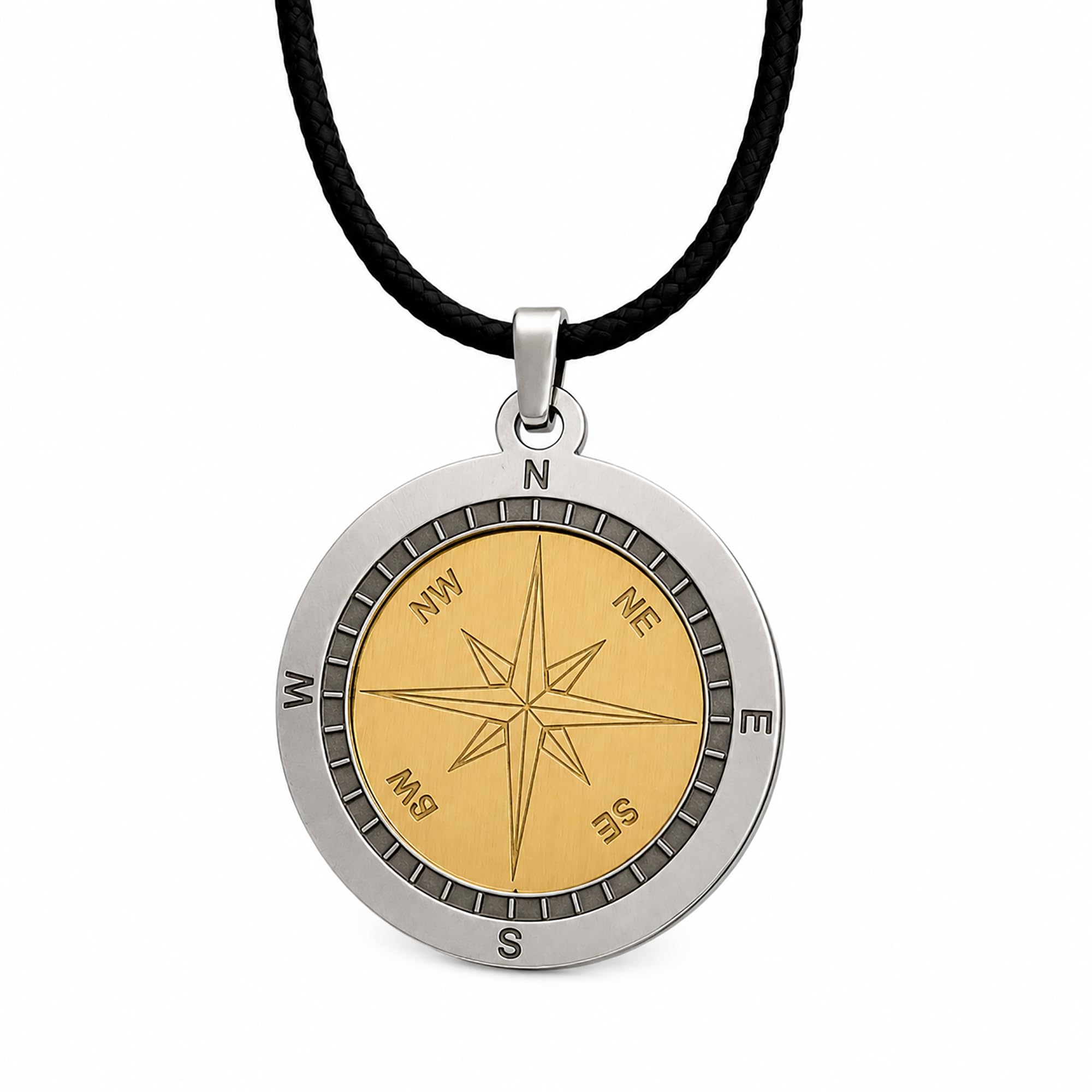 Gioielli Aurum - Collana Uomo Argento Sterling 925 con Ciondolo Bussola Rosa dei Venti, Cordino Cotone Nero 45 cm, Pendente 3 cm Lavorato a Mano, Gioiello Uomo Stile Nautico Idea Regalo
