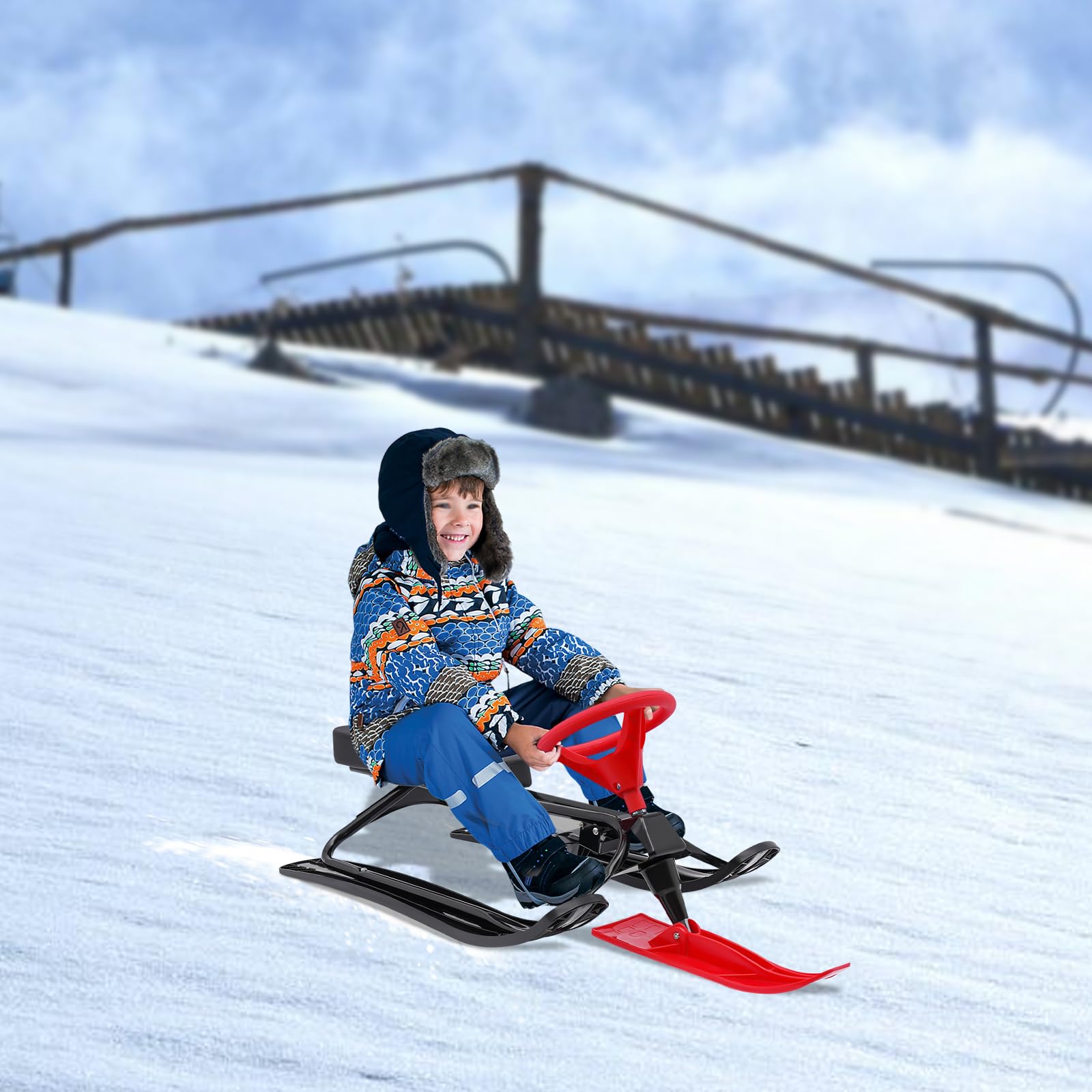 Bob Slittino con volante e freno a pedale, portata 100 kg, per adulti e bambini, 3-15 anni, slitta ergonomica per sci, neve, ghiaccio