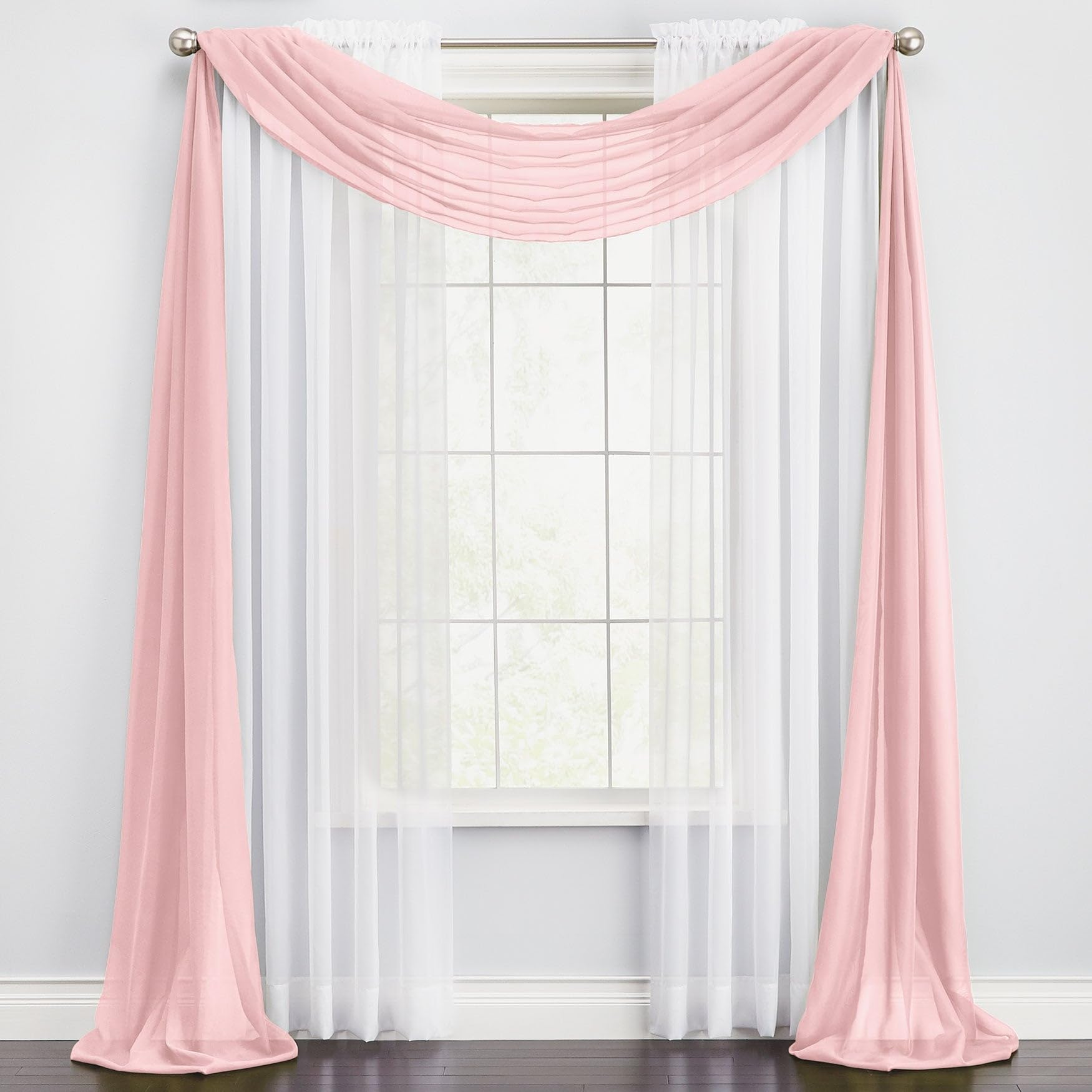BrylaneHome BH Studio Sheer Voile Scarf Valance - 40" W 288" L, Pale Rose