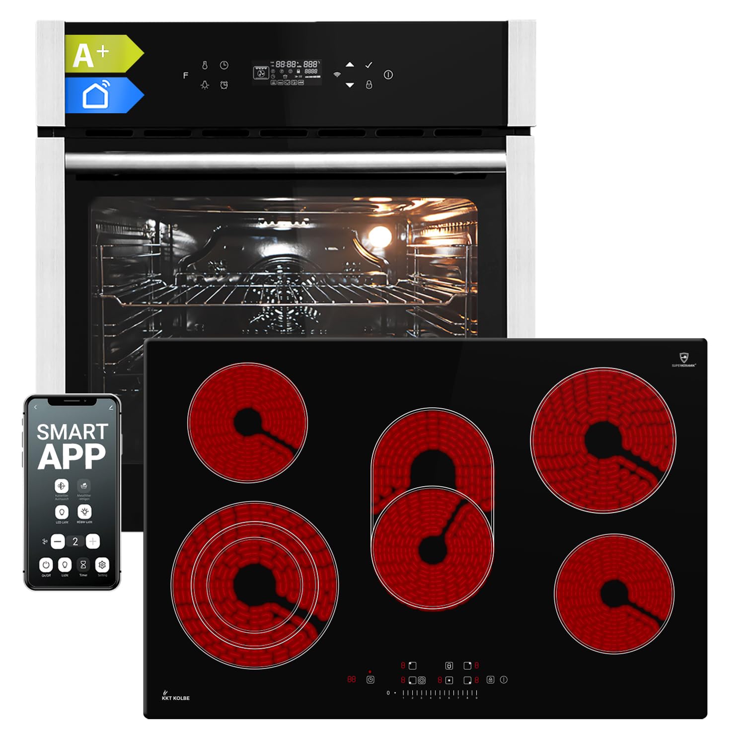 KKT KOLBE Juego de cocina autarkes EB8313HC de 60cm, placa vitrocerámica de 77cm, función de pizza, parrilla, recirculación, aire caliente, temporizador, seguridad para niños | SET8313HCCH77RL
