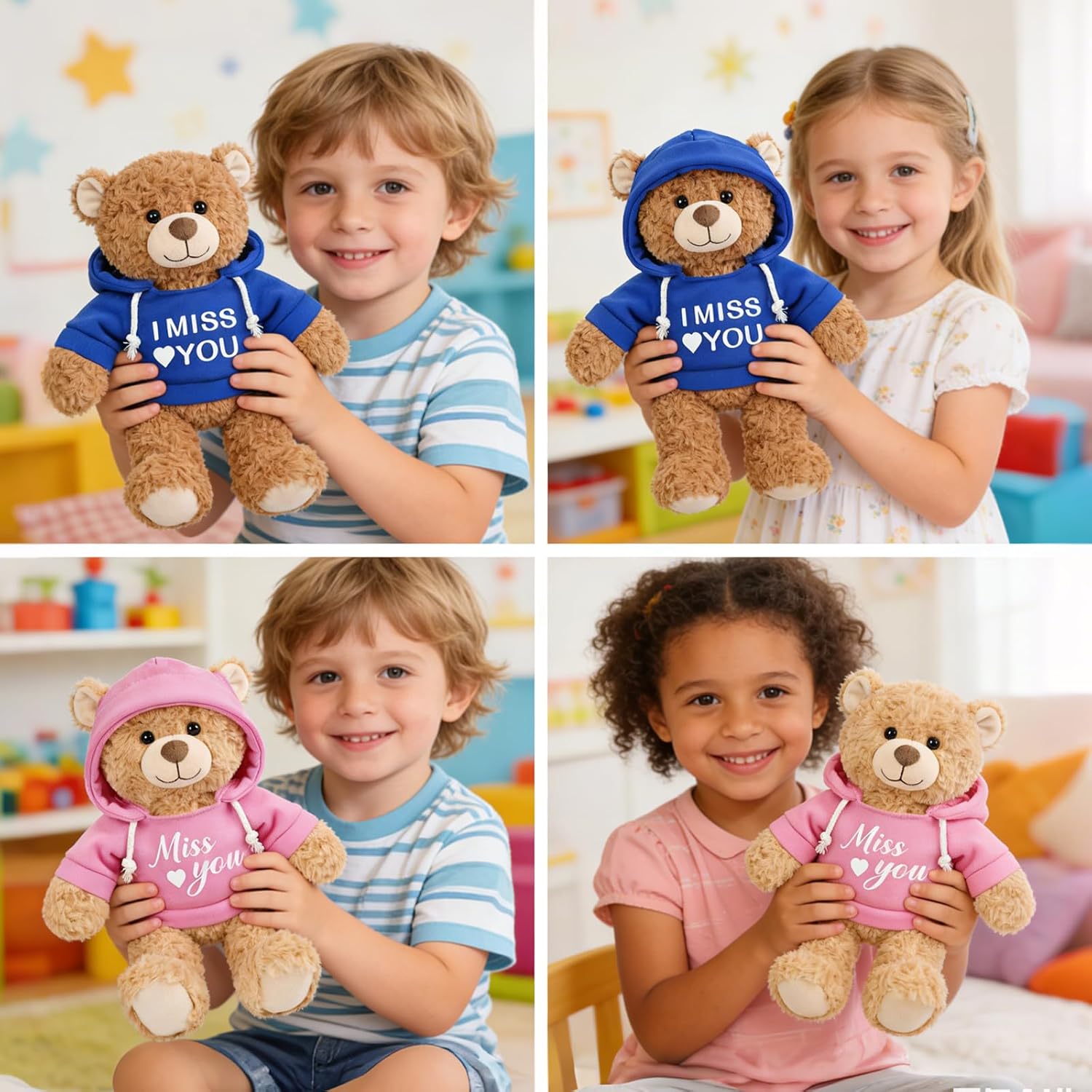 2 Pcs Miss You Teddy Bears Plush Dolls 8.7" Stuffed Bear Animal Set Hoodie-Wearing Bear with I Miss You Valentine’s Cozy Bear for Girlfriend Girls Boys Kids Baby Gift (Pink + Blue)