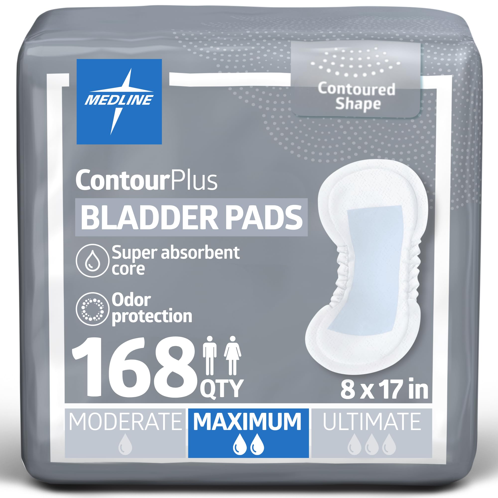 Medline ContourPlus Bladder Control Incontinence Pads, Maximum Absorbency, 6.5" x 13.5", 28 Count (Pack of 6)
