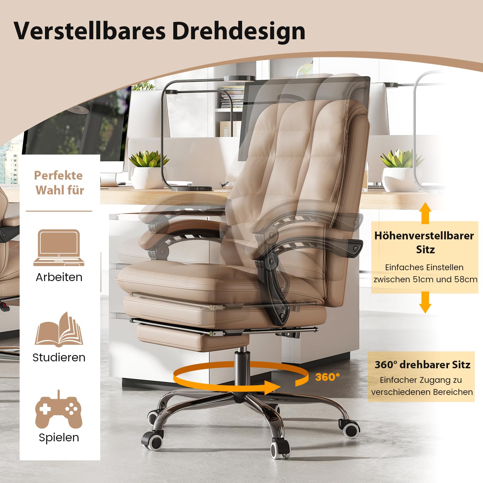 COSTWAY Ergonomischer Bürostuhl mit einziehbarer Fußstütze, Chefsessel mit Verstellbarer hoher Rückenlehne, weich gepolsterter Schreibtischstuhl aus Kunstleder, Computerstuhl, Kaffee