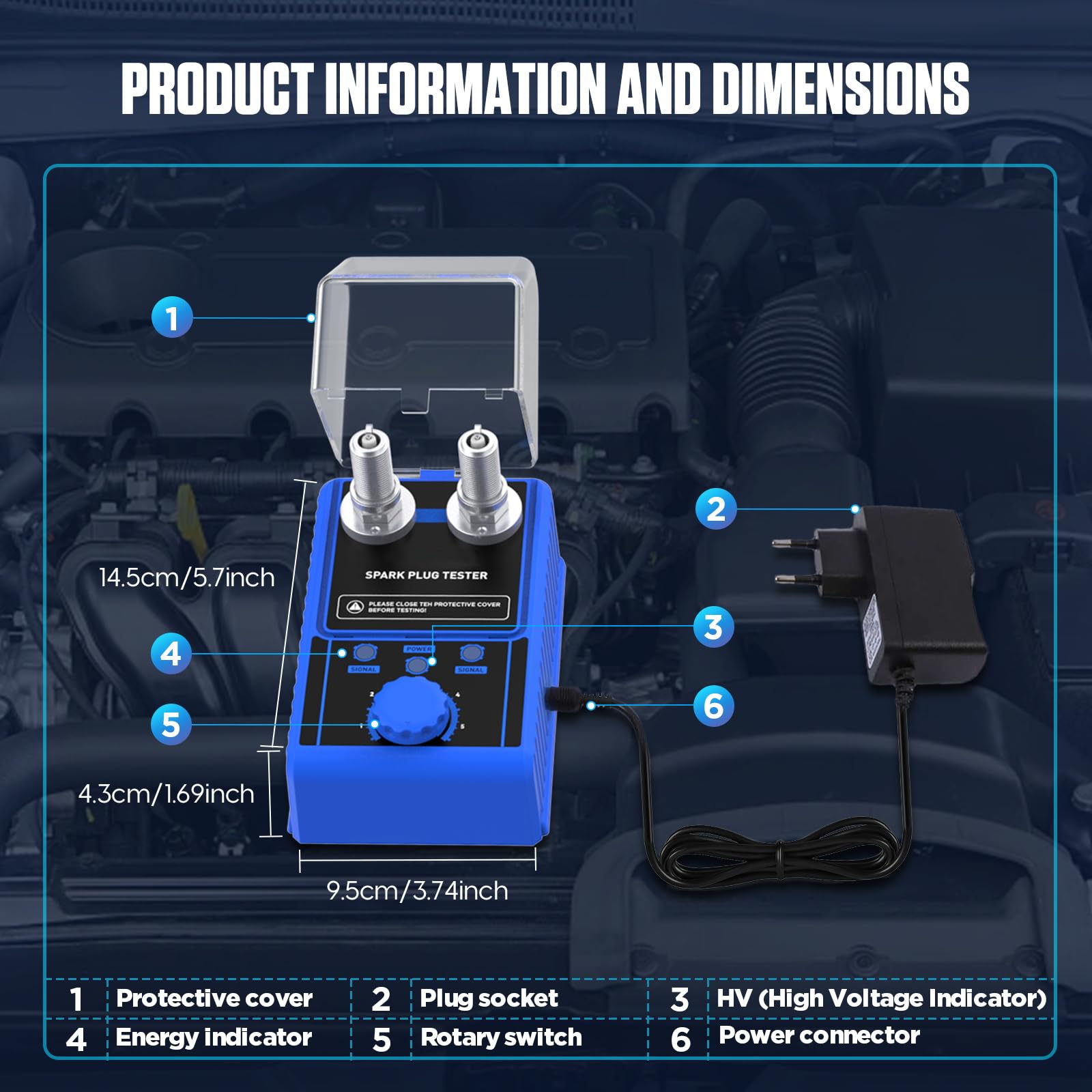 PLAYOCCAR Tester per candele Accensione 220V - Rivelatore Candele per Auto a Doppio Foro per Candele da 12 mm, Frequenza Regolabile 0~6000RPM con Coperchio Protettivo Veicoli a 12 V.