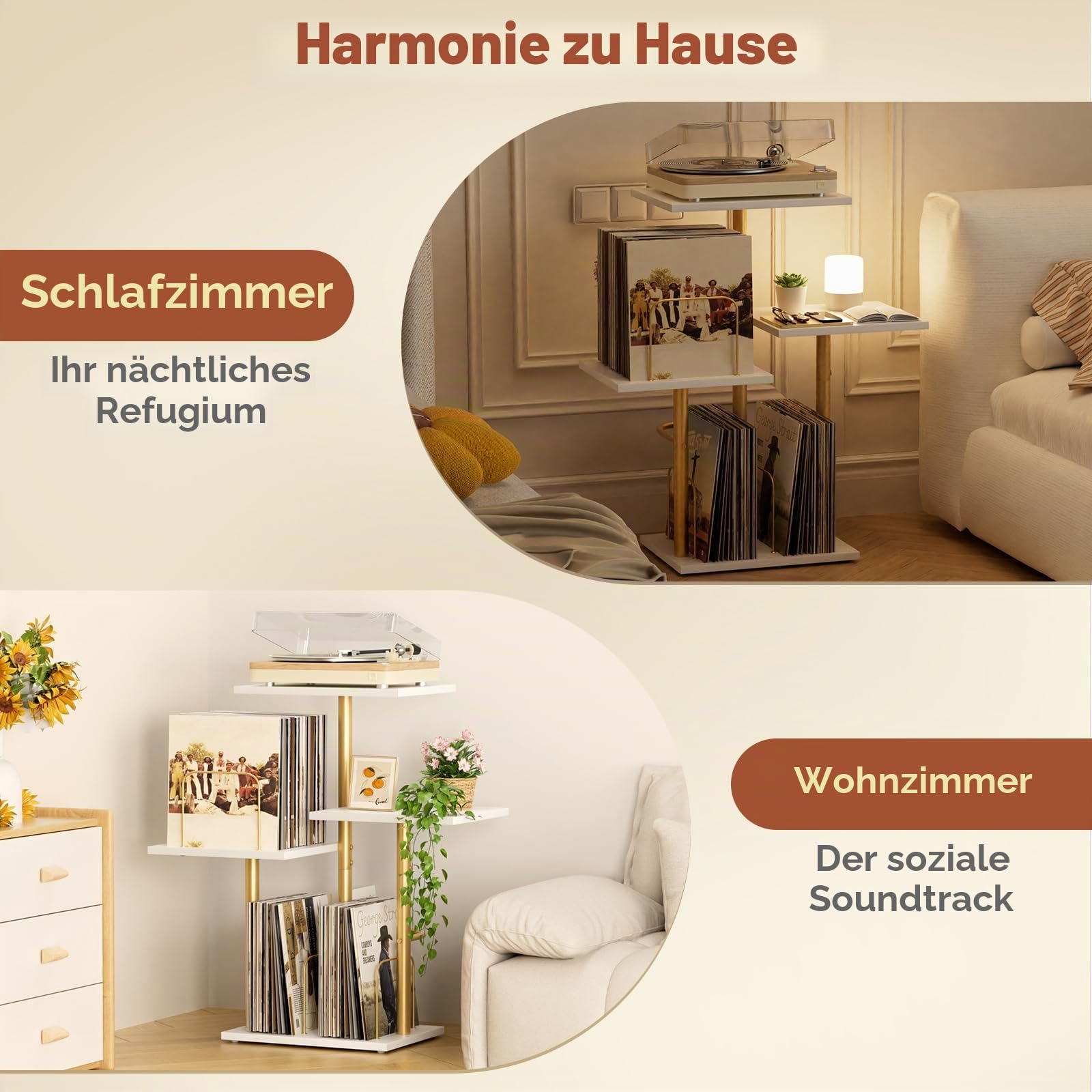 Bikoney Plattenspieler-Ständer mit Vinyl-Regal und LP-Ablage Gold