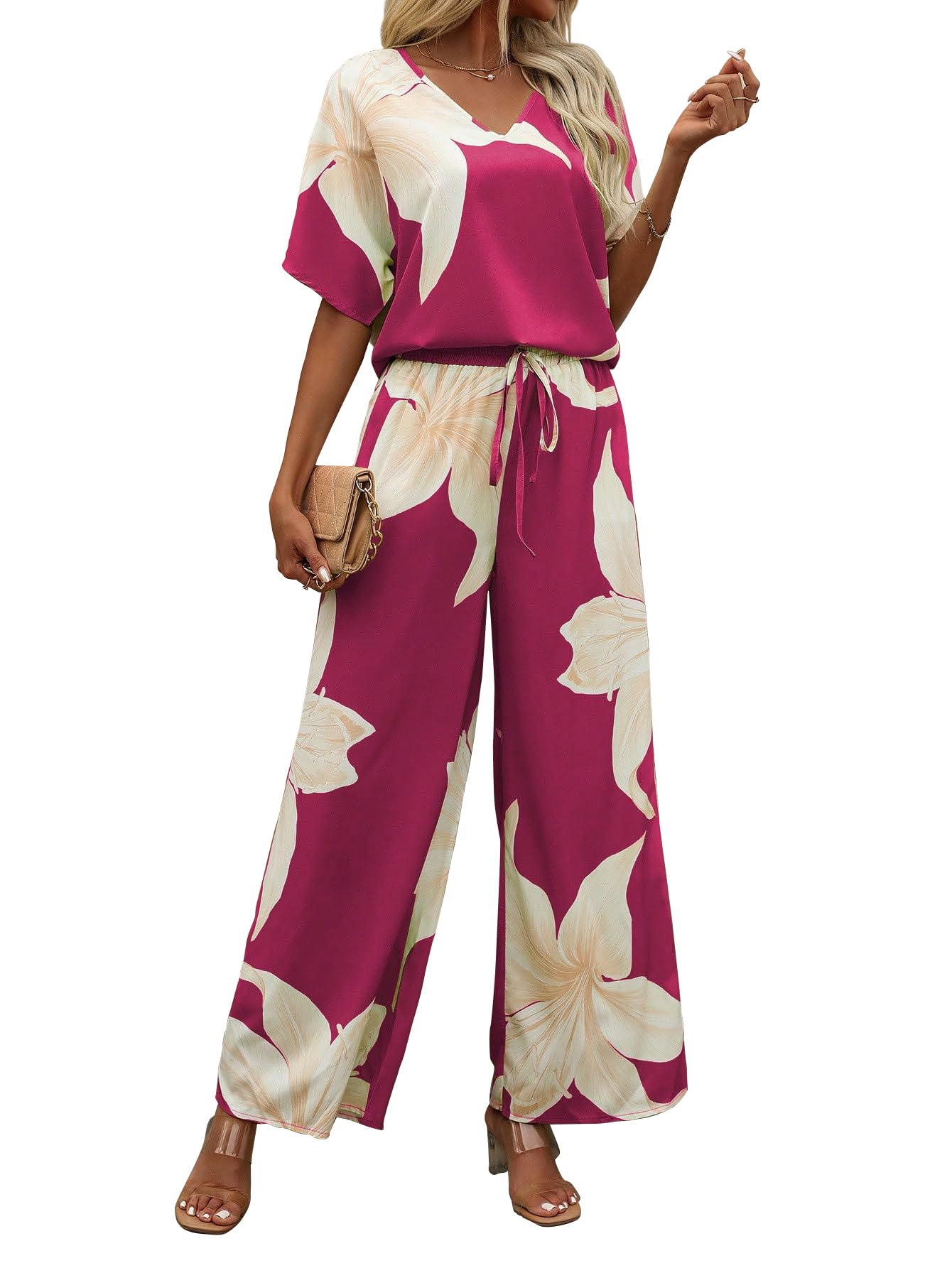 Women's Holiday Casual Elegant Black Floral Printed Batwing V-Neck Blouse & Sleeve Shirt & Wide Long Pants for Ladies 2pcs/Set, Spring Outfits for Women (Co-Ods 189)