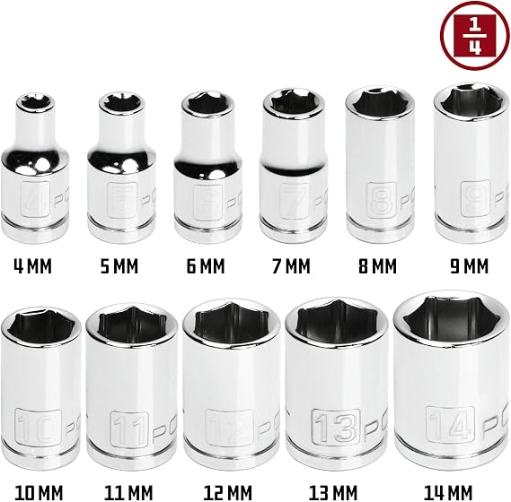 Powerbuilt 11 Piece Metric Shallow Socket Set, 1/4-Inch Drive, 6 Point, Dual Grease Rings, Size Markings - 640498, Silver