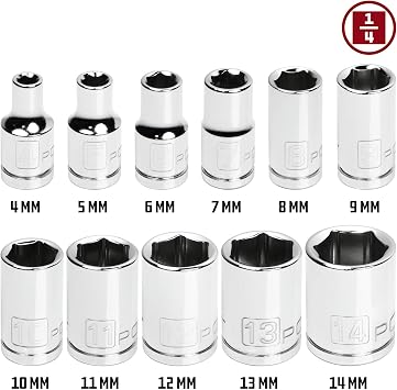 Powerbuilt 11 Piece Metric Shallow Socket Set, 1/4-Inch Drive, 6 Point, Dual Grease Rings, Size Markings - 640498, Silver