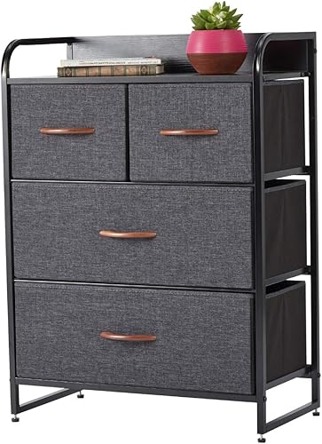 HOMHUM Cómoda de 4 cajones cómoda de tela con mango de madera marrón marco de acero resistente parte superior de madera para dormitorio sala de