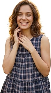 Livewear Women’s Sleeveless Checkered Peplum | Casual Summer Cotton | Round Neck Flared Tiered | Stylish Plaid Loose Fit f... Price In India