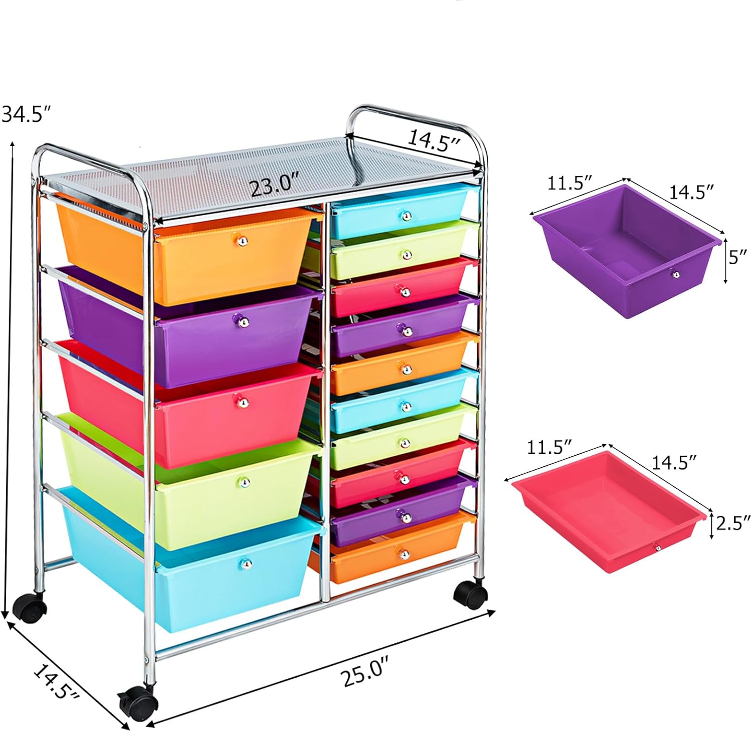 15 Drawers Rolling Storage Cart, Craft Cart Organizer with Lockable Wheels for Tools, Arts, Scrapbook, Papers, Multipurpose Utility Cart for Home Office School (Multicolor)